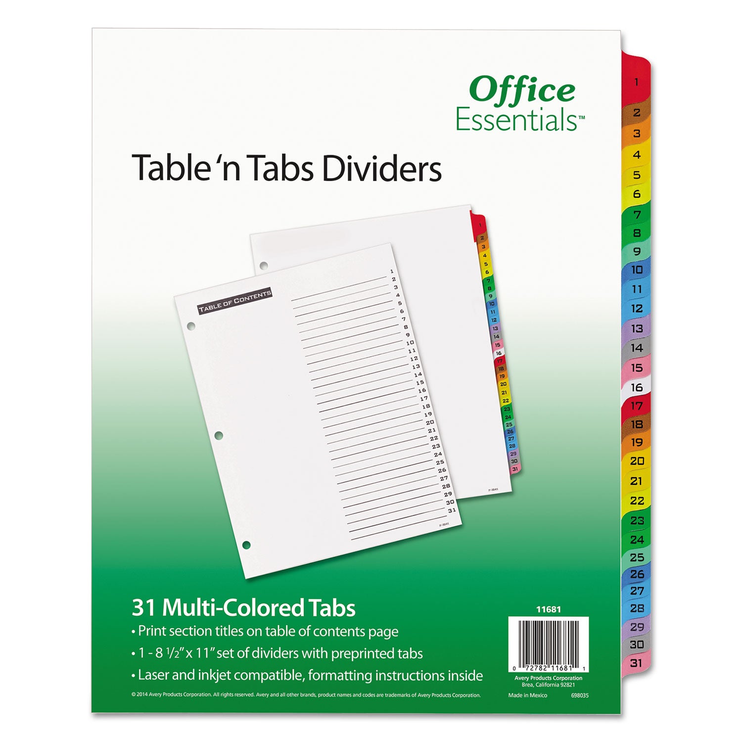 Table 'n Tabs Dividers, 31-Tab, 1 to 31, 11 x 8.5, White, Assorted Tabs, 1 Set - 