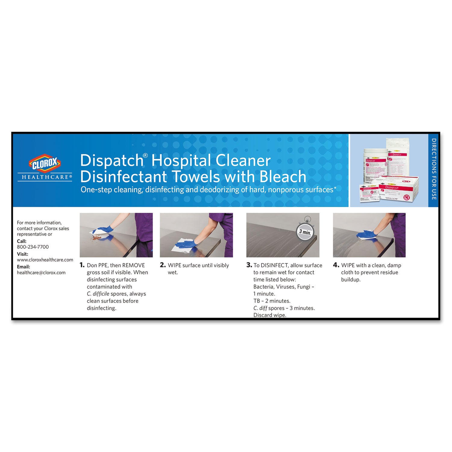 Dispatch Cleaner Disinfectant Towels, 1-Ply, 6.75 x 8, Unscented, White, 150/Canister - 