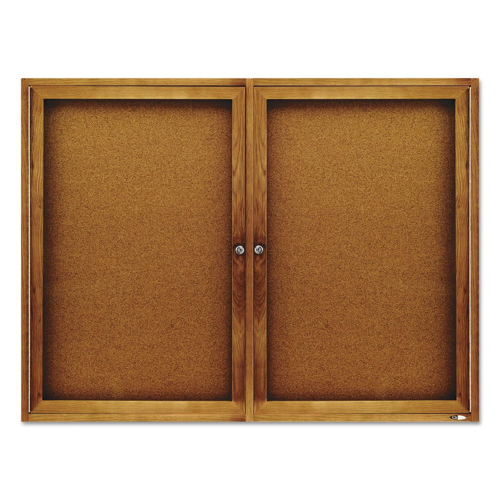 Enclosed Indoor Cork Bulletin Board with Two Hinged Doors, 48 x 36, Tan Surface, Oak Fiberboard Frame - 