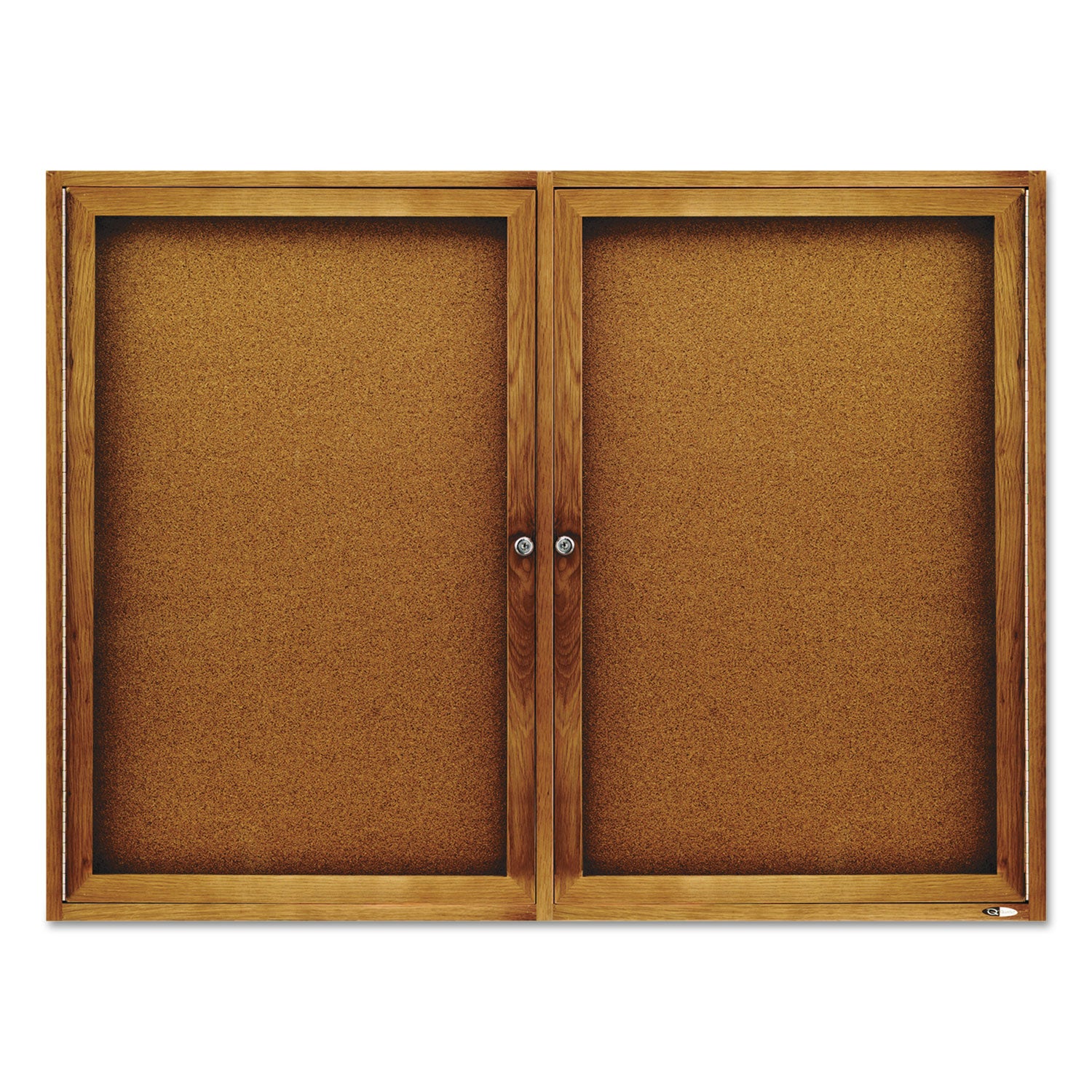 Enclosed Indoor Cork Bulletin Board with Two Hinged Doors, 48 x 36, Tan Surface, Oak Fiberboard Frame - 