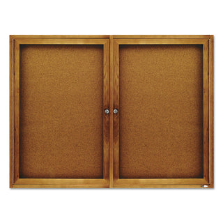 Enclosed Indoor Cork Bulletin Board with Two Hinged Doors, 48 x 36, Tan Surface, Oak Fiberboard Frame