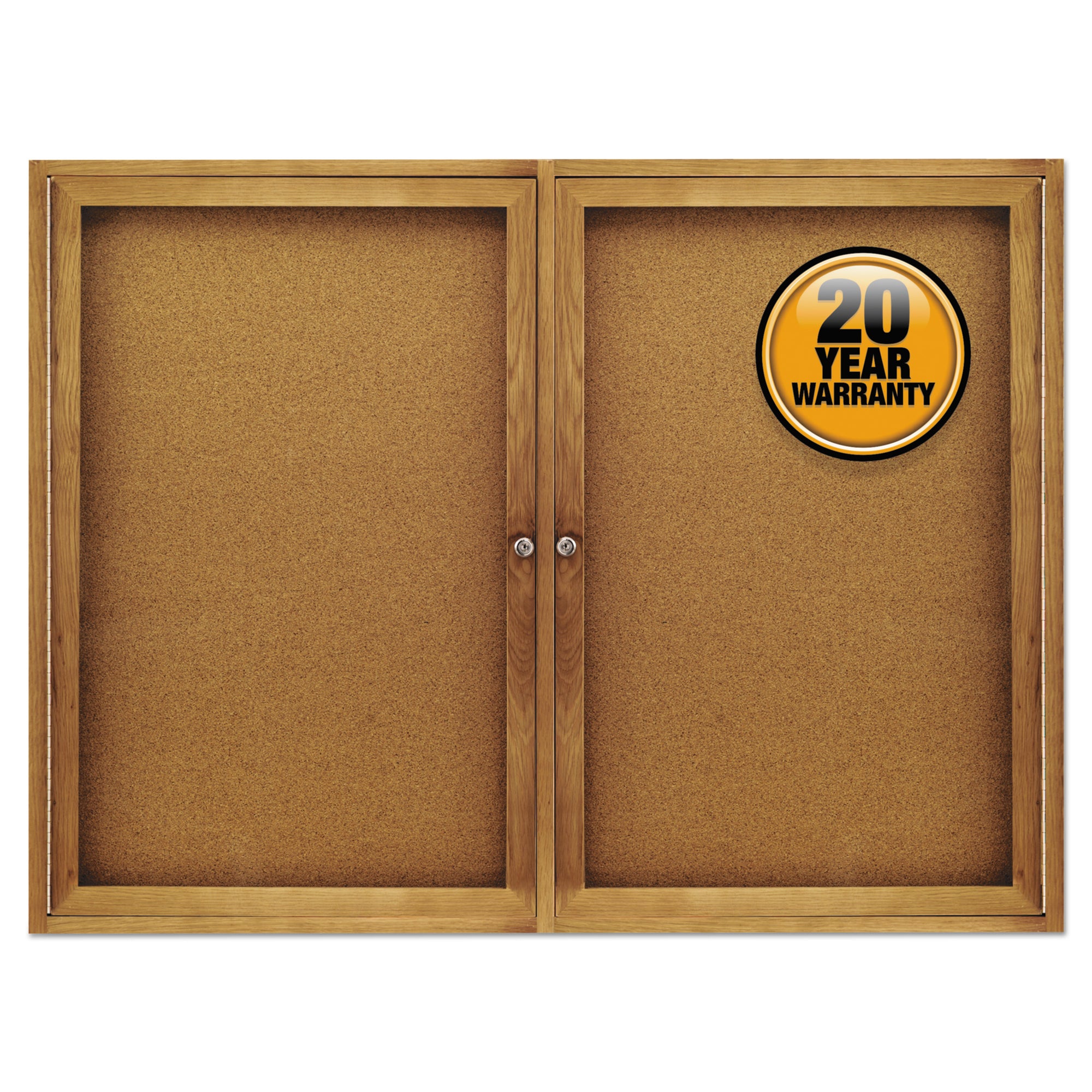 Enclosed Indoor Cork Bulletin Board with Two Hinged Doors, 48 x 36, Tan Surface, Oak Fiberboard Frame