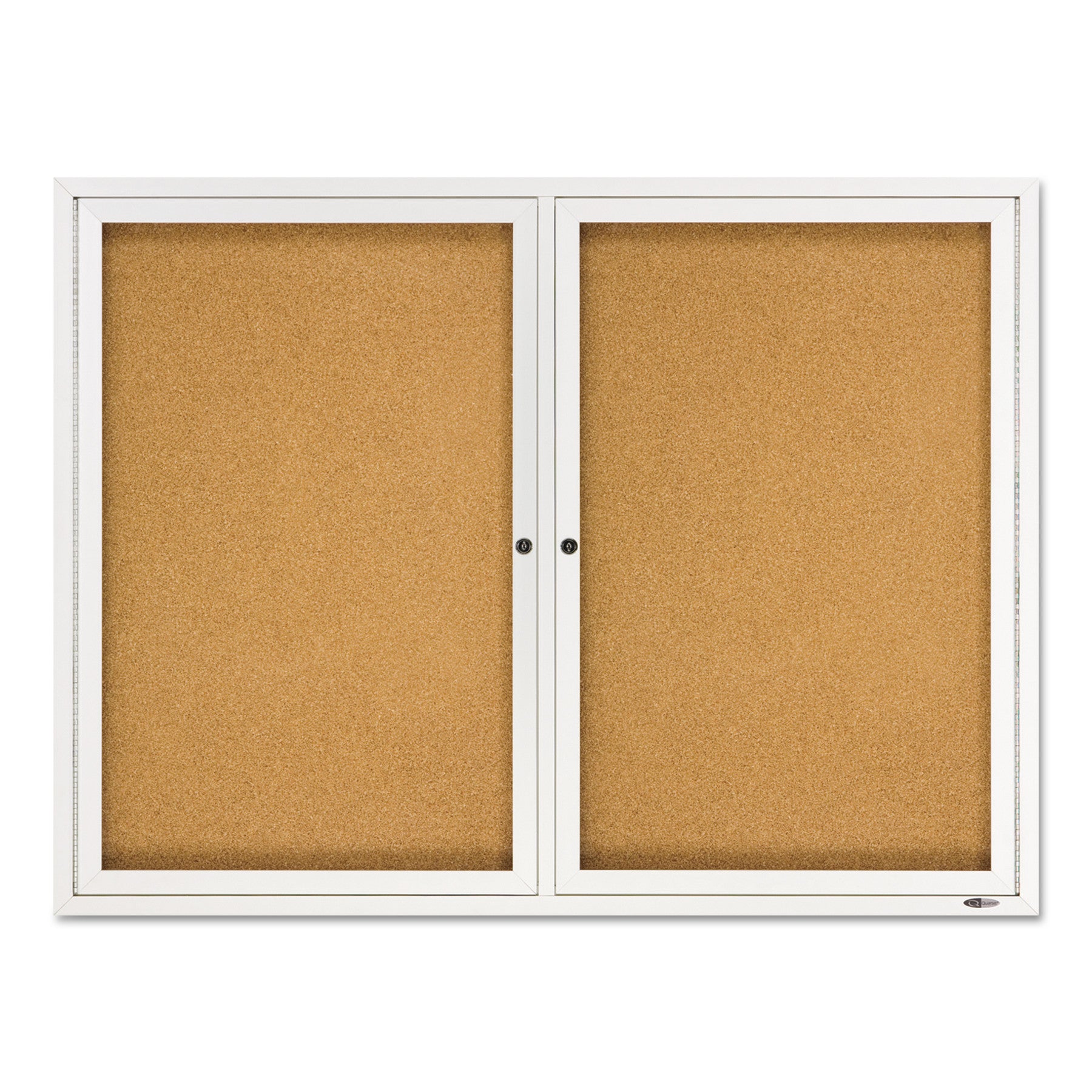 Enclosed Indoor Cork Bulletin Board with Two Hinged Doors, 48 x 36, Tan Surface, Silver Aluminum Frame - 