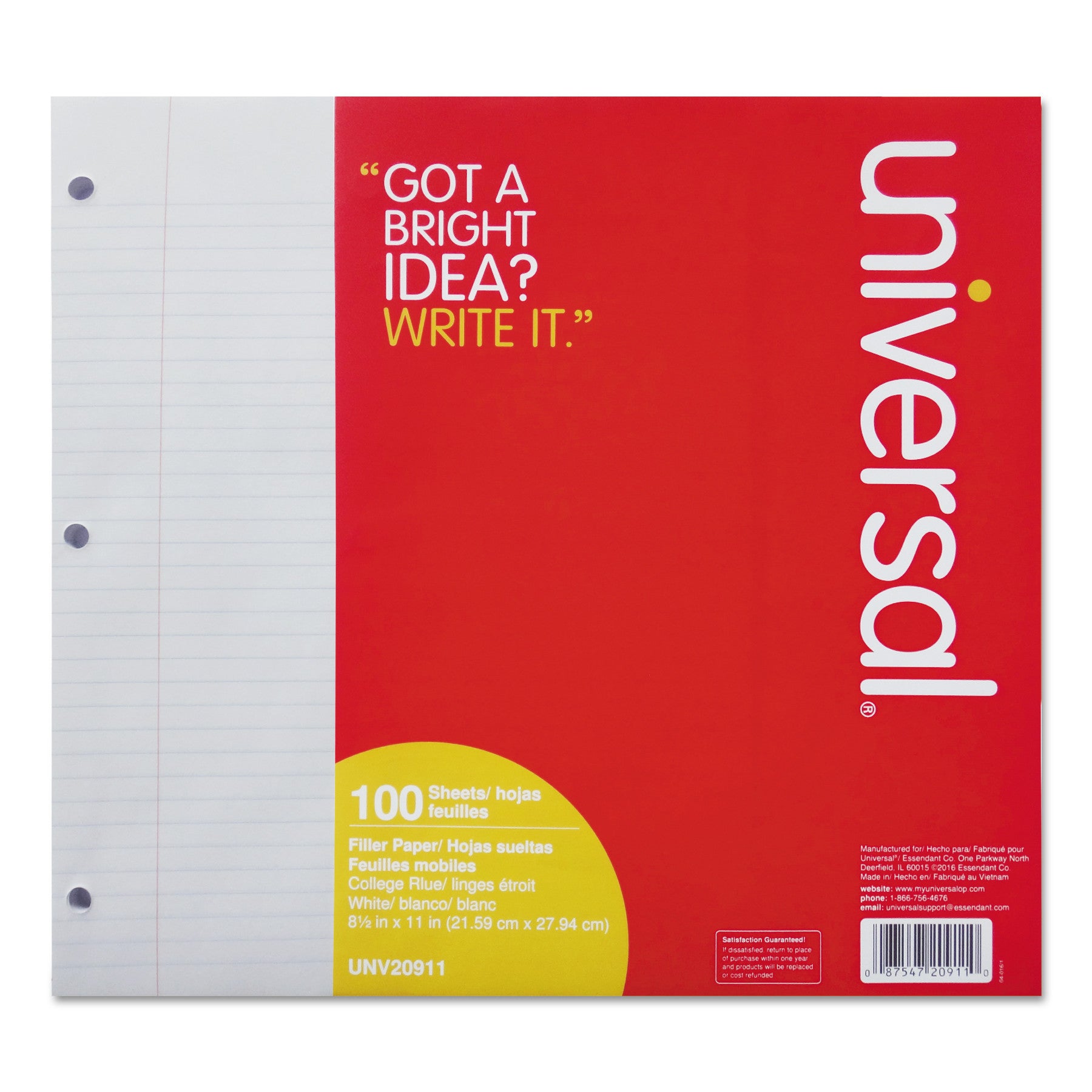 Filler Paper, 3-Hole, 8.5 x 11, Medium/College Rule, 100/Pack - 