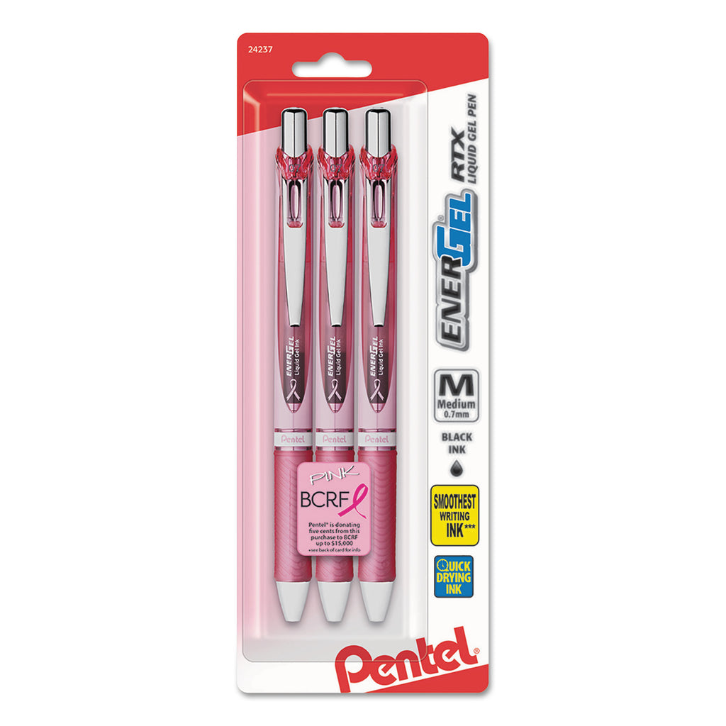 EnerGel RTX Gel Pen, Retractable, Medium 0.7 mm, Black Ink, Pink/Silver Barrel, 3/Pack - 