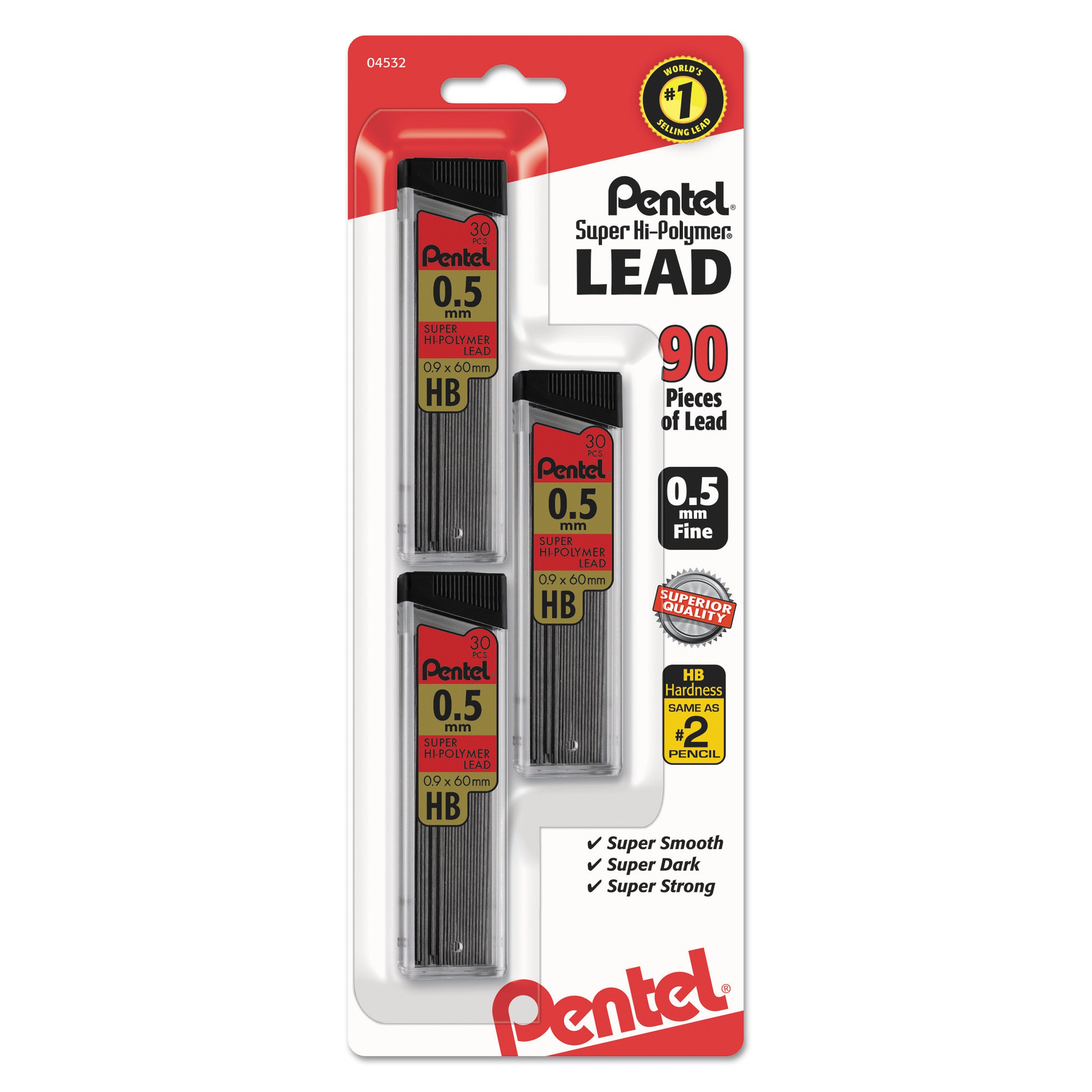 Super Hi-Polymer Lead Refills, 0.5 mm, HB, Black, 30/Tube, 3 Tubes/Pack - 