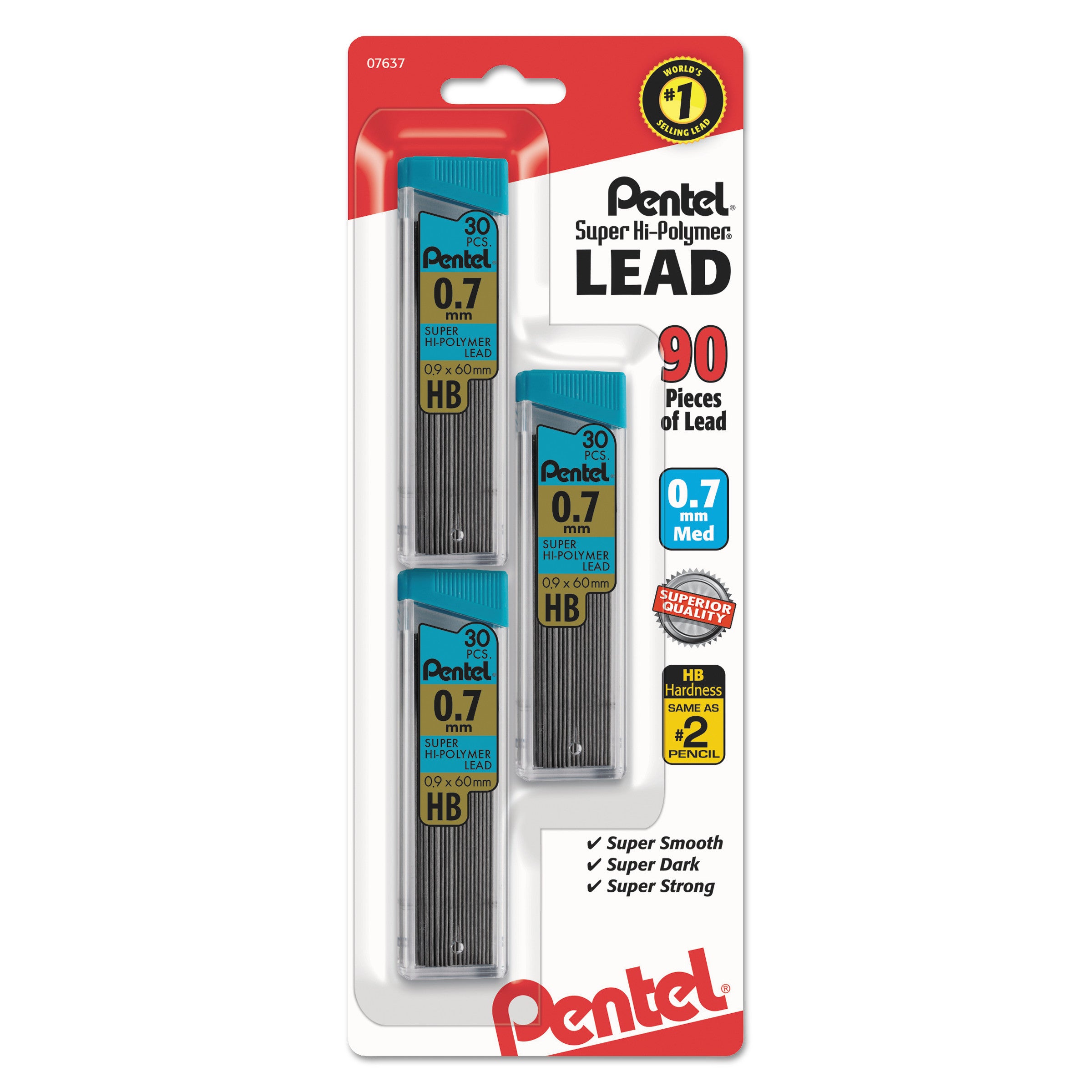 Super Hi-Polymer Lead Refills, 0.7 mm, HB, Black, 30/Tube, 3 Tubes/Pack - 