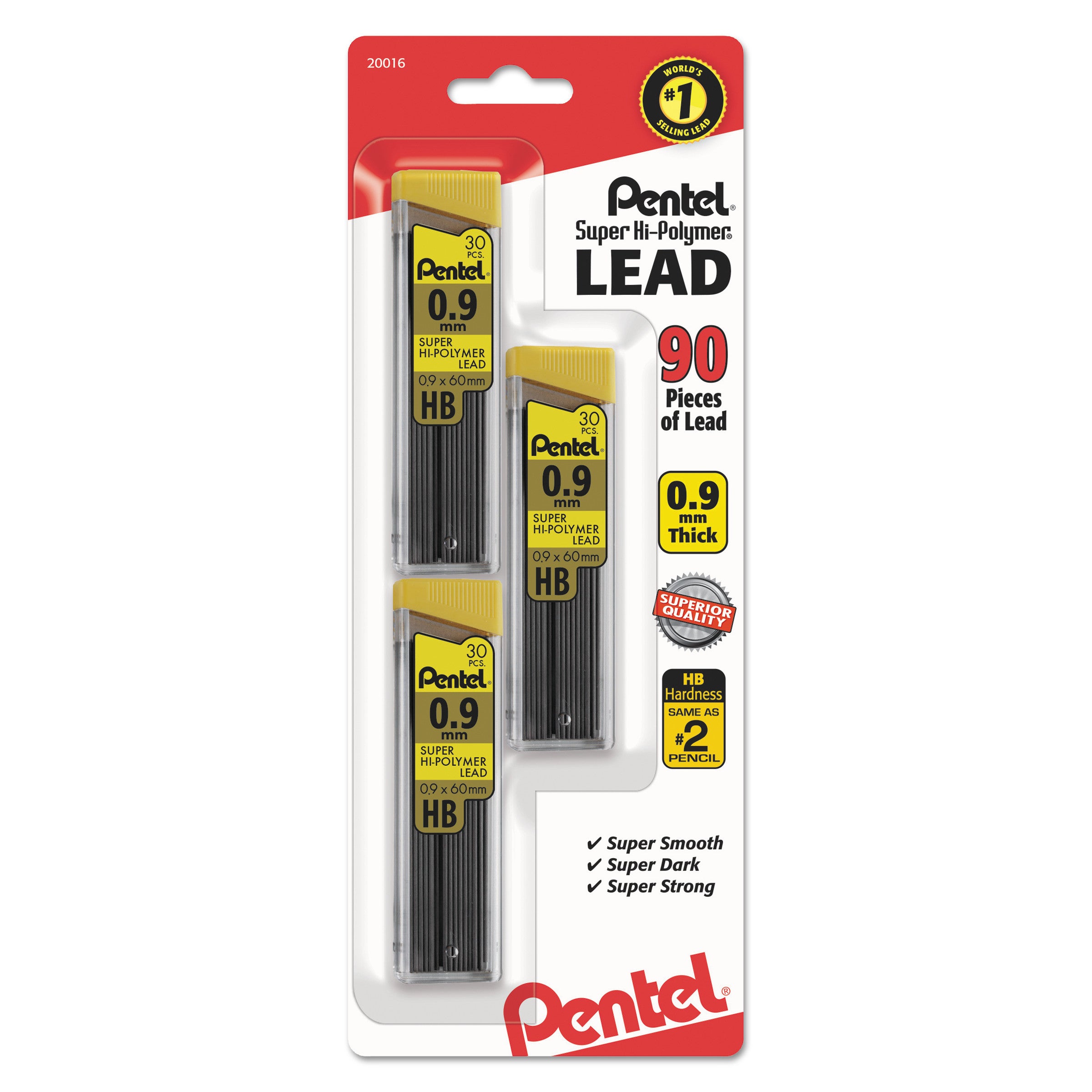 Super Hi-Polymer Lead Refills, 0.9 mm, HB, Black, 30/Tube, 3 Tubes/Pack - 