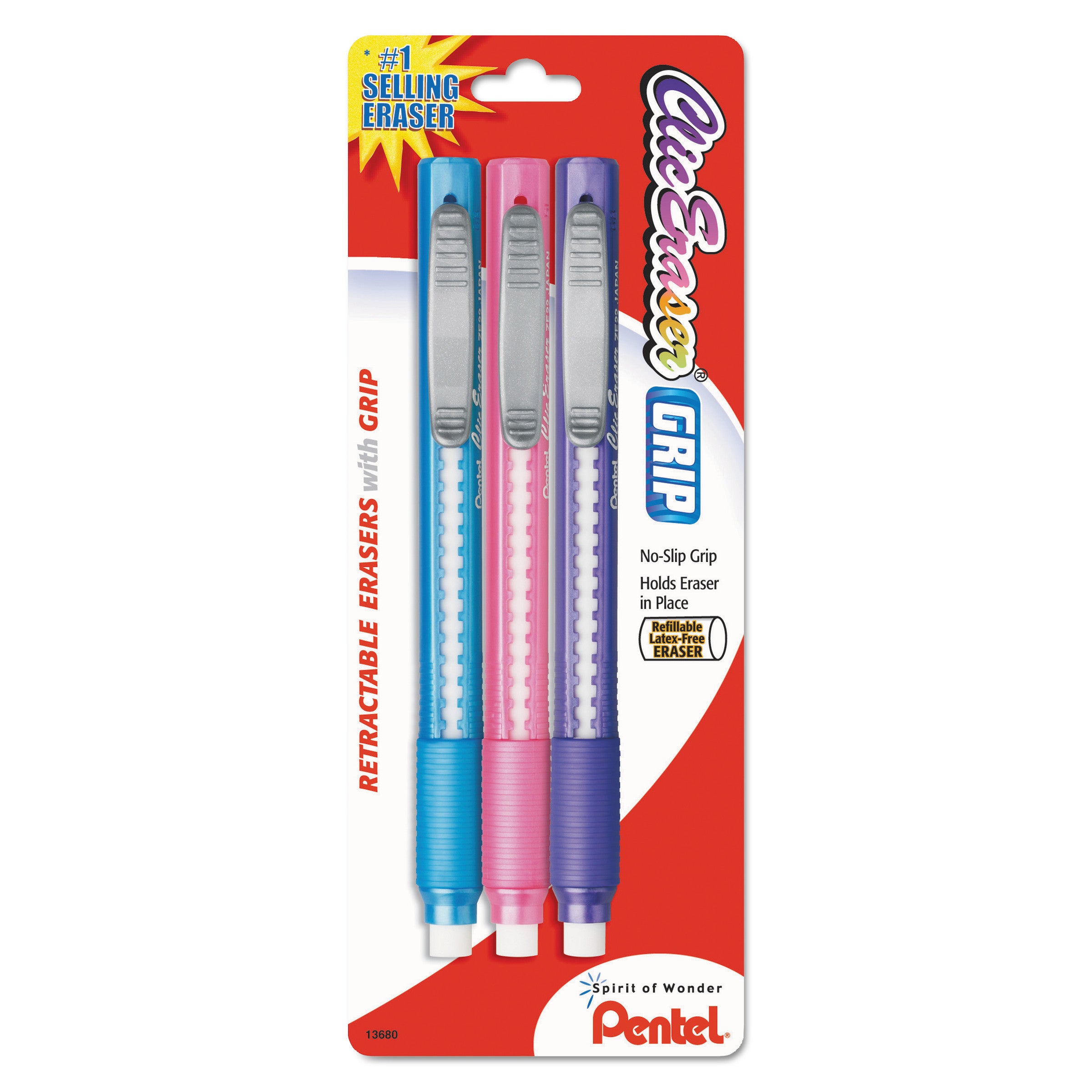 Clic Eraser Grip Eraser, For Pencil Marks, White Eraser, Randomly Assorted Barrel Colors (Three-Colors), 3/Pack - 