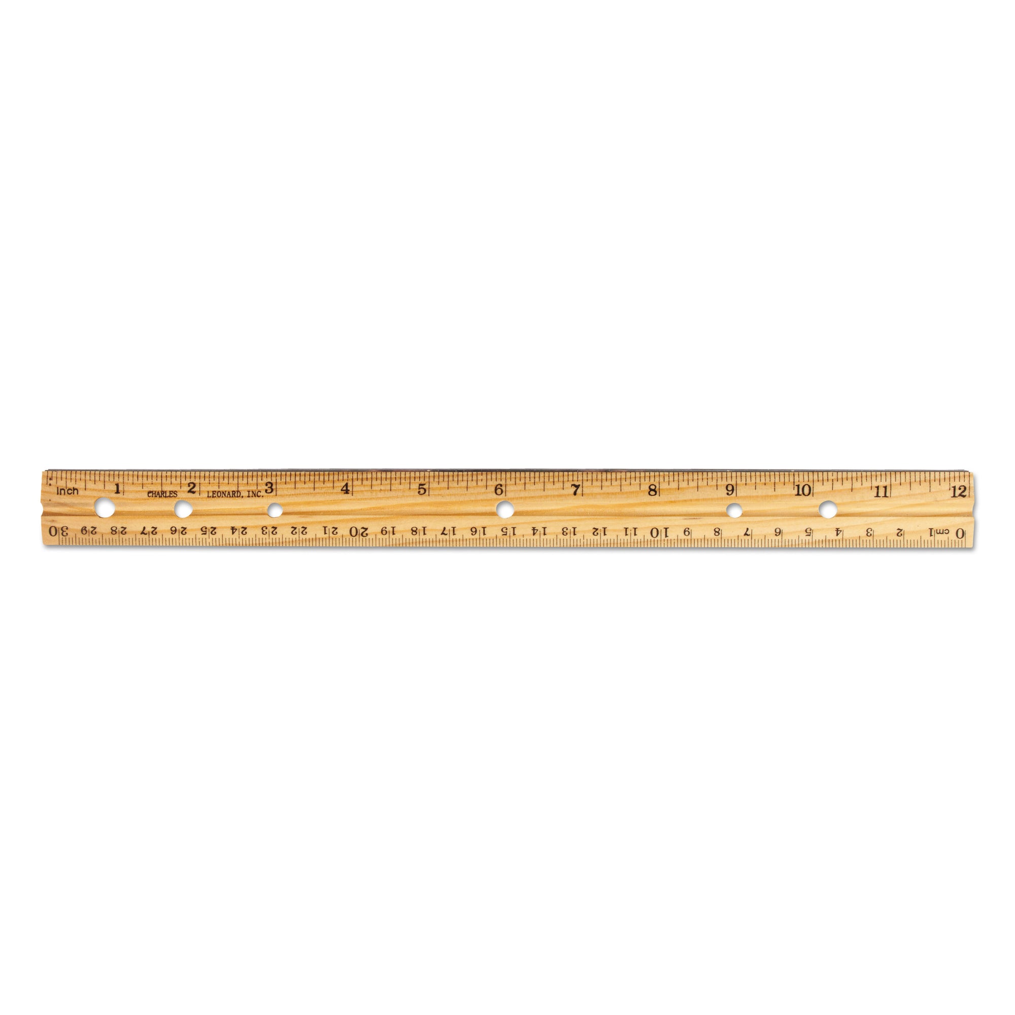 Beveled Wood Ruler w/Single Metal Edge, 3-Hole Punched, Standard/Metric, 12" Long, Natural, 36/Box - 
