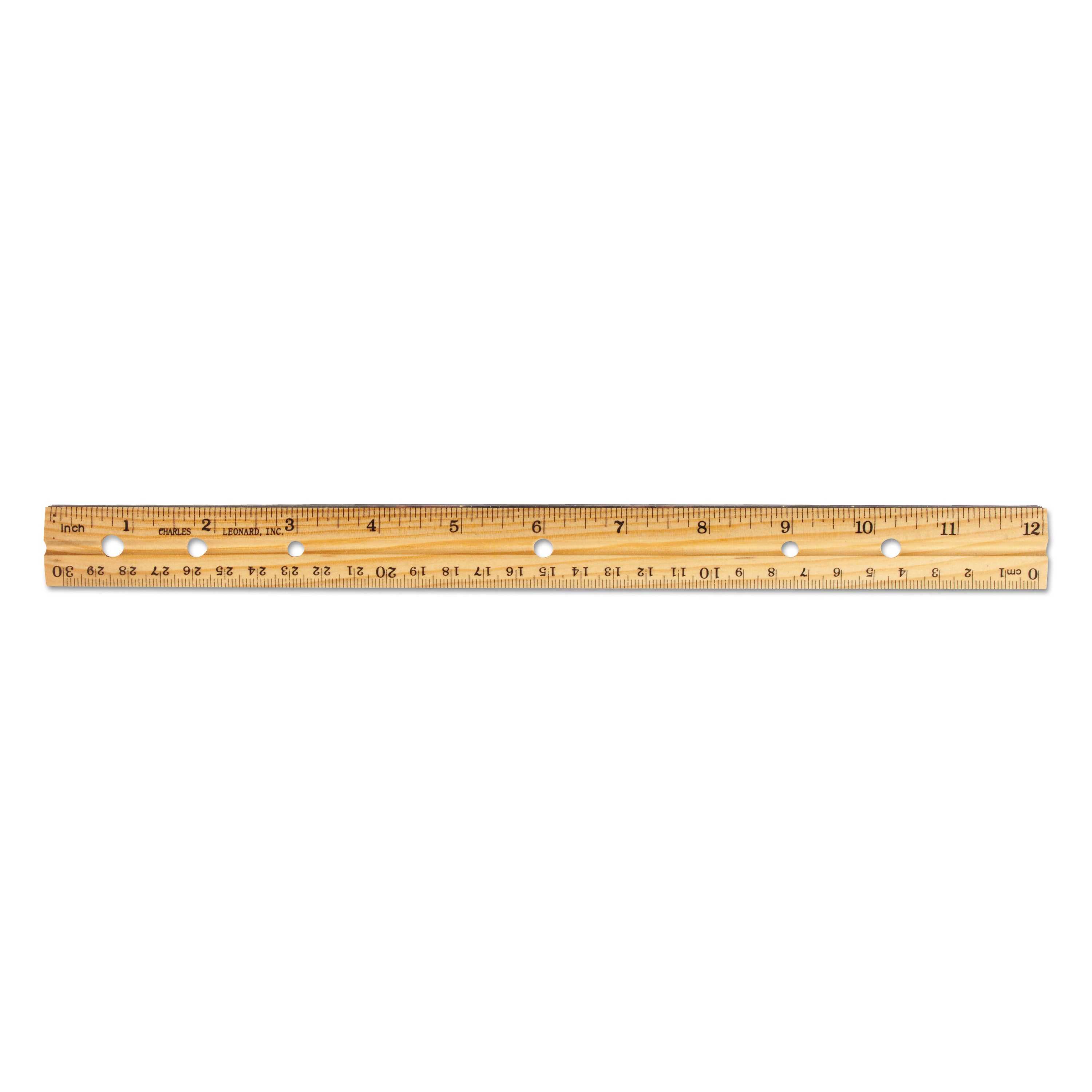 Beveled Wood Ruler w/Single Metal Edge, 3-Hole Punched, Standard/Metric, 12" Long, Natural, 36/Box - 