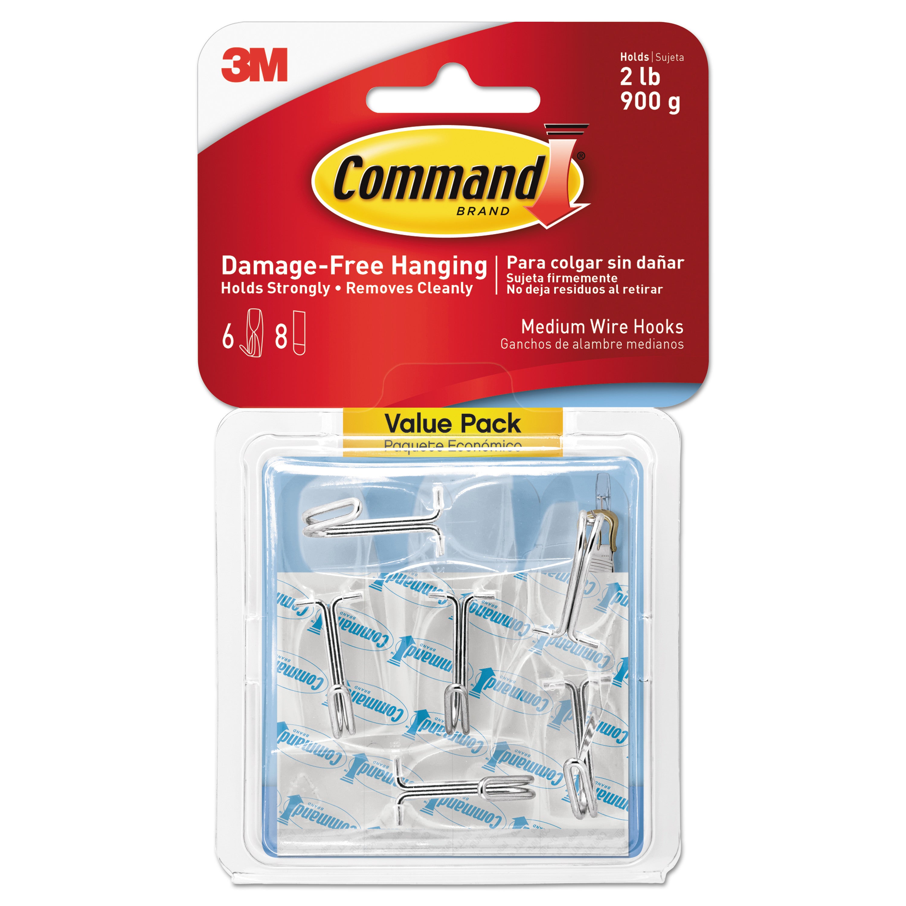 Clear Hooks and Strips, Medium, Plastic, 2 lb Capacity, 6 Hooks and 8 Strips/Pack - 