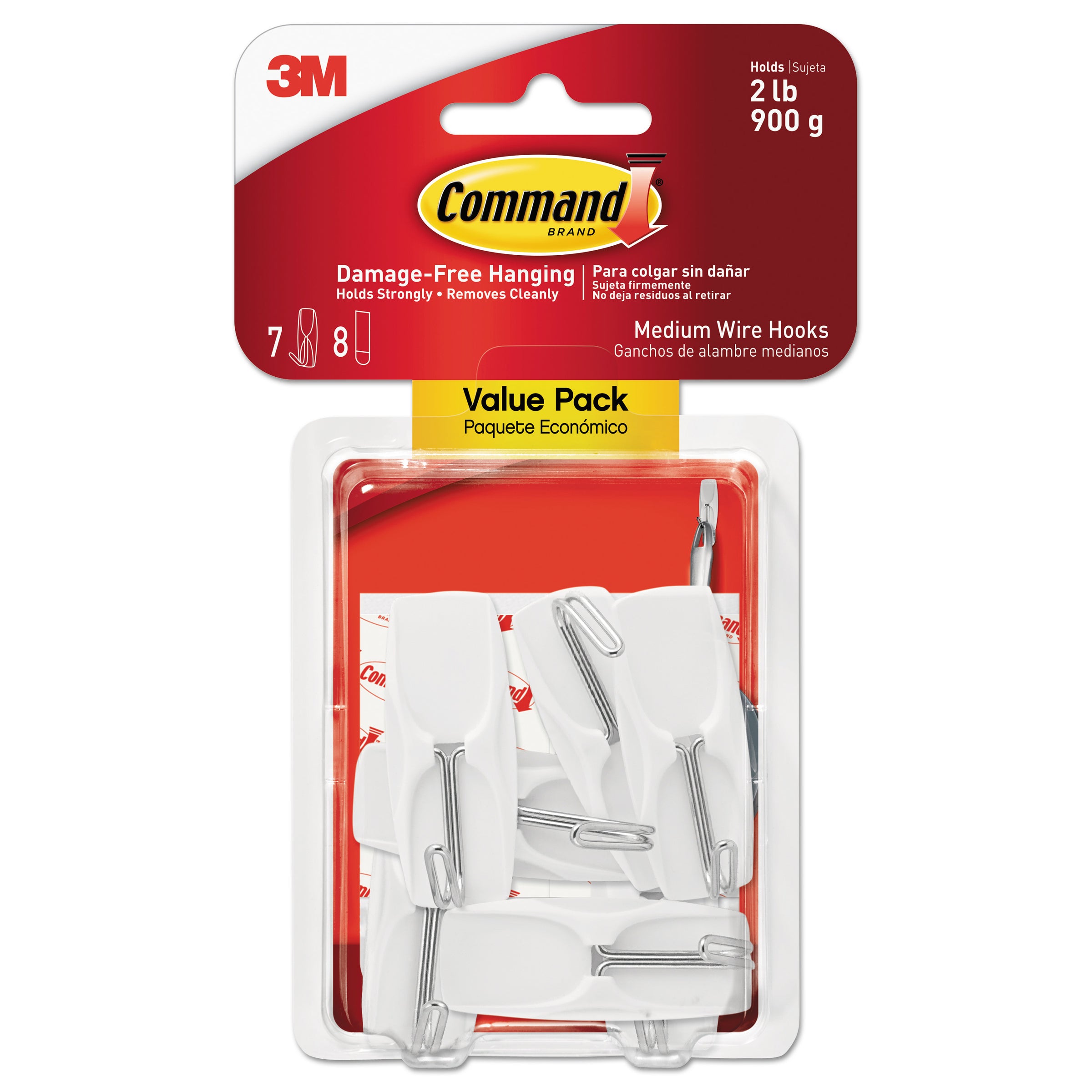 General Purpose Wire Hooks, Medium, Metal, White, 2 lb Capacity, 7 Hooks and 8 Strips/Pack - 