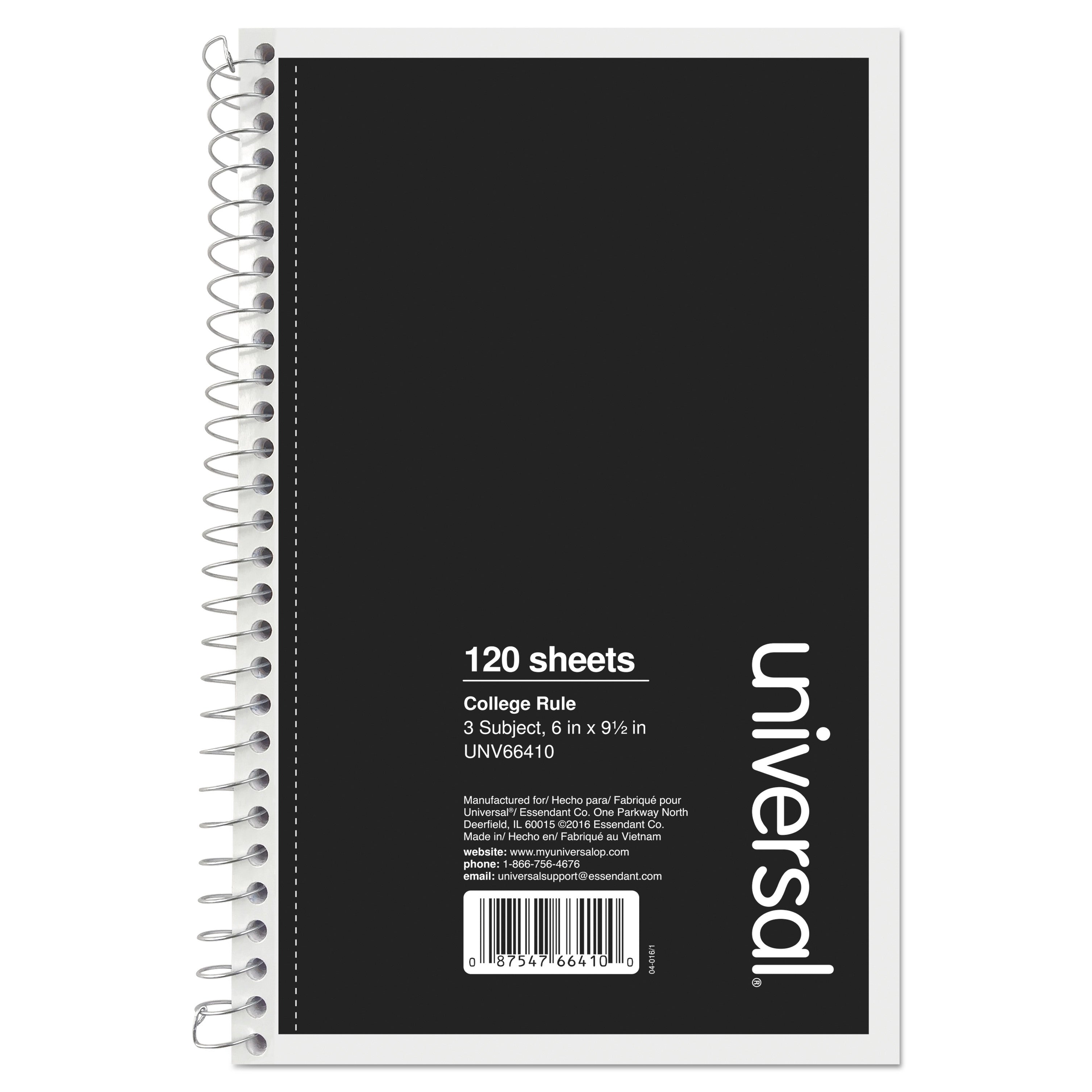 Wirebound Notebook, 3-Subject, Medium/College Rule, Black Cover, (120) 9.5 x 6 Sheets - 