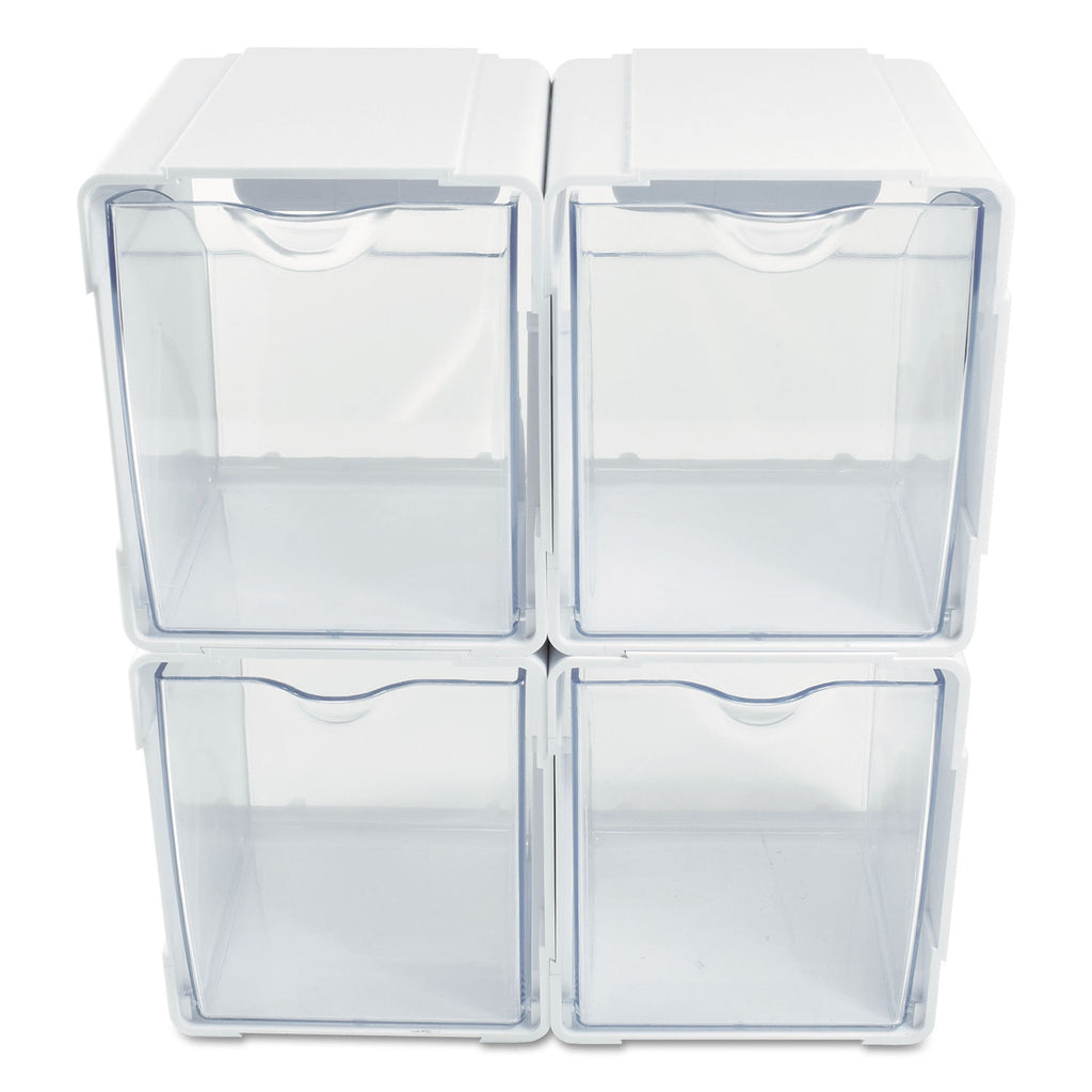 Tilt Bin Interlocking 4-Bin Organizer, Plastic, 4.63 x 4.88 x 5.5, White/Clear