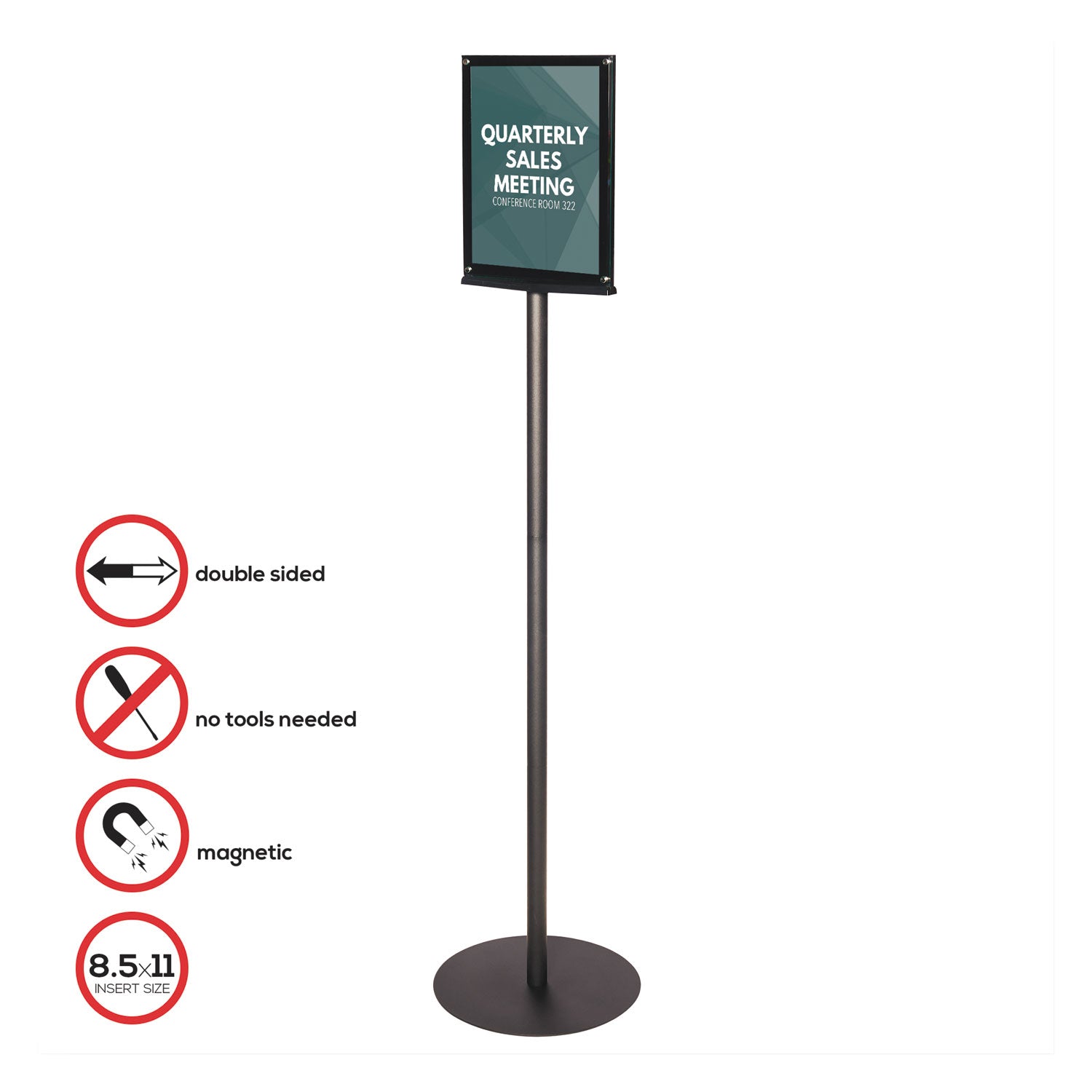 Double-Sided Magnetic Sign Display, 8.5 x 11 Insert, 56" Tall, Clear/Black