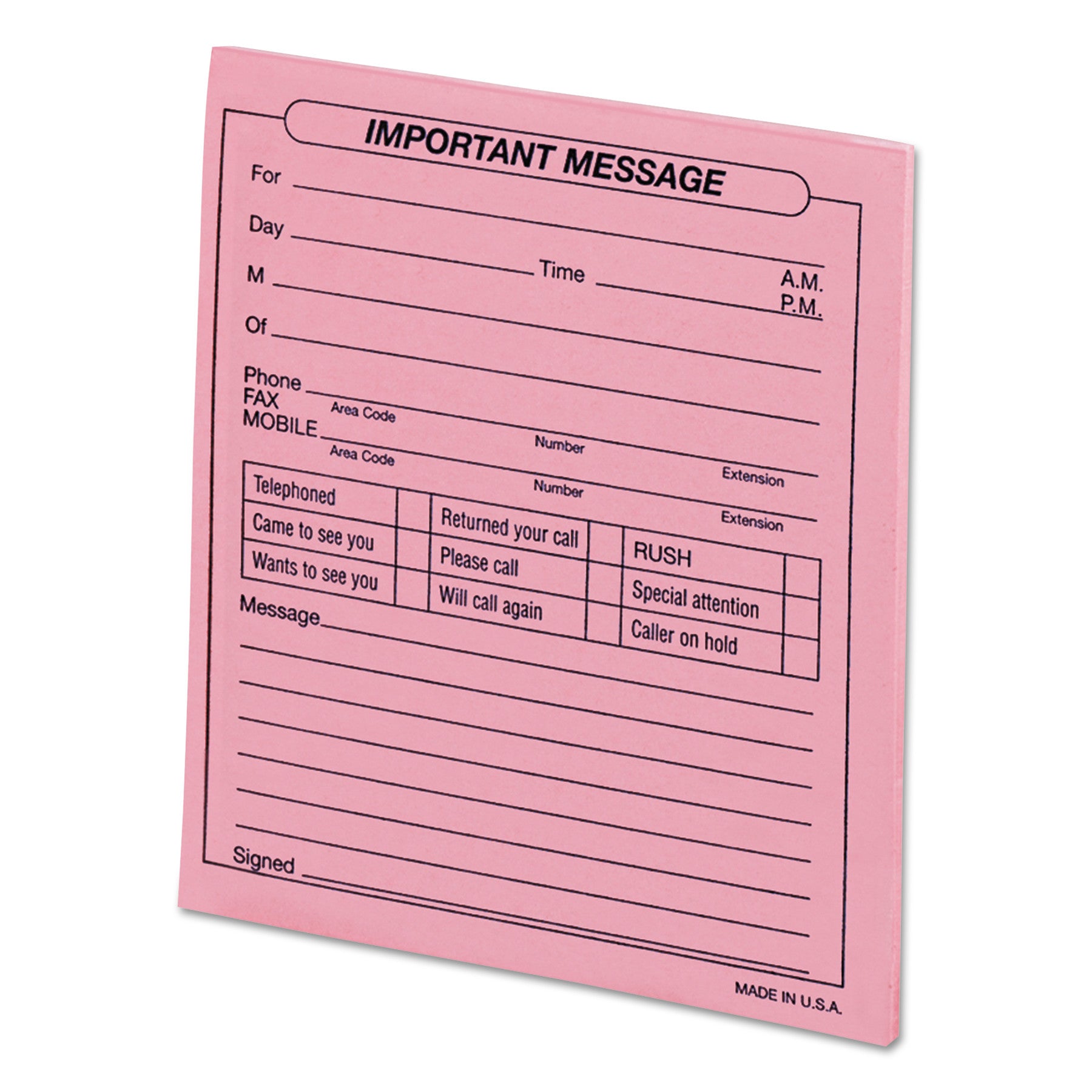 Important Message Pink Pads, One-Part (No Copies), 4.25 x 5.5, 50 Forms/Pad, 12 Pads/Pack - 