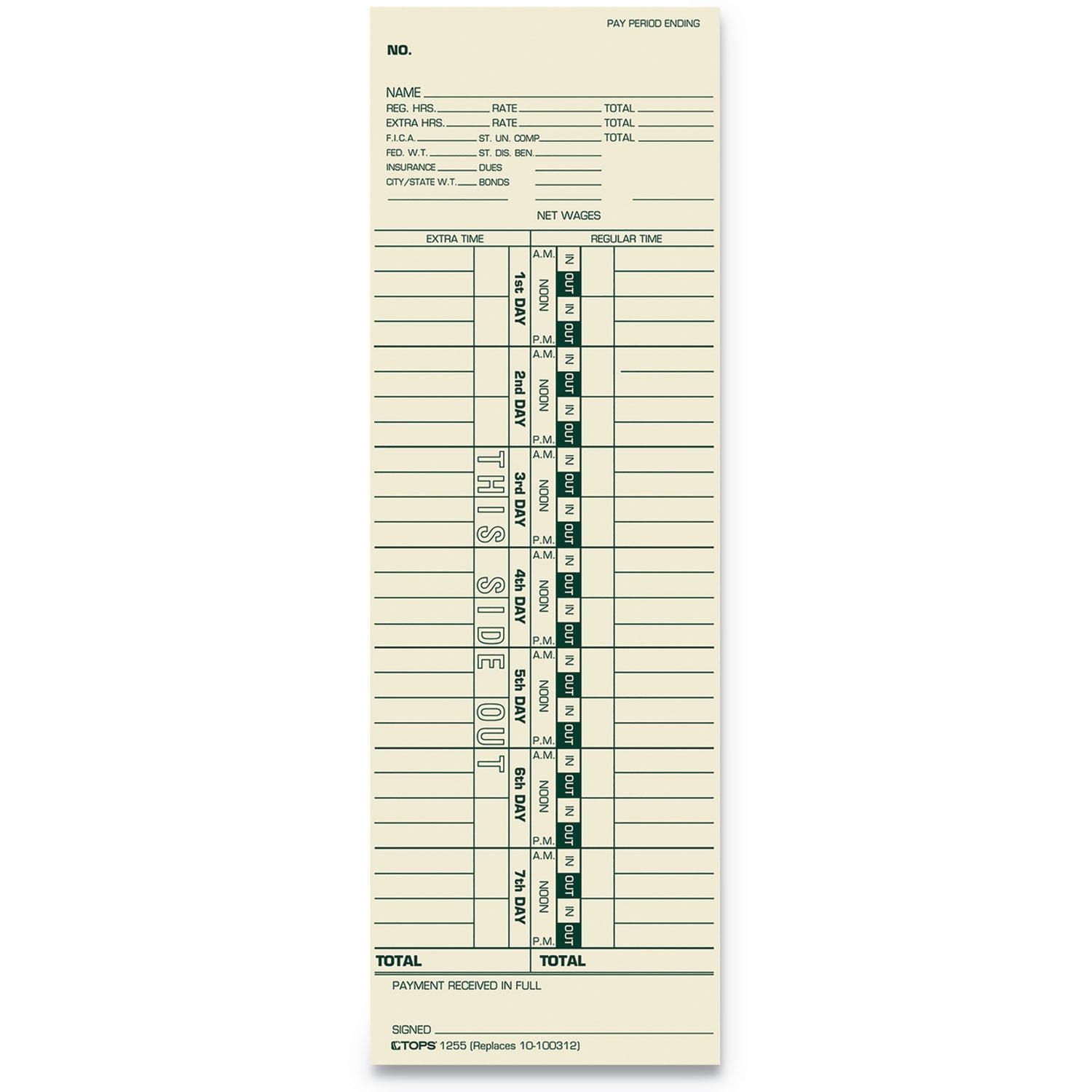 Time Clock Cards, Replacement for 10-100312/1950-9301/K14-36981D, One Side, 3.5 x 10.5, 500/Box - 