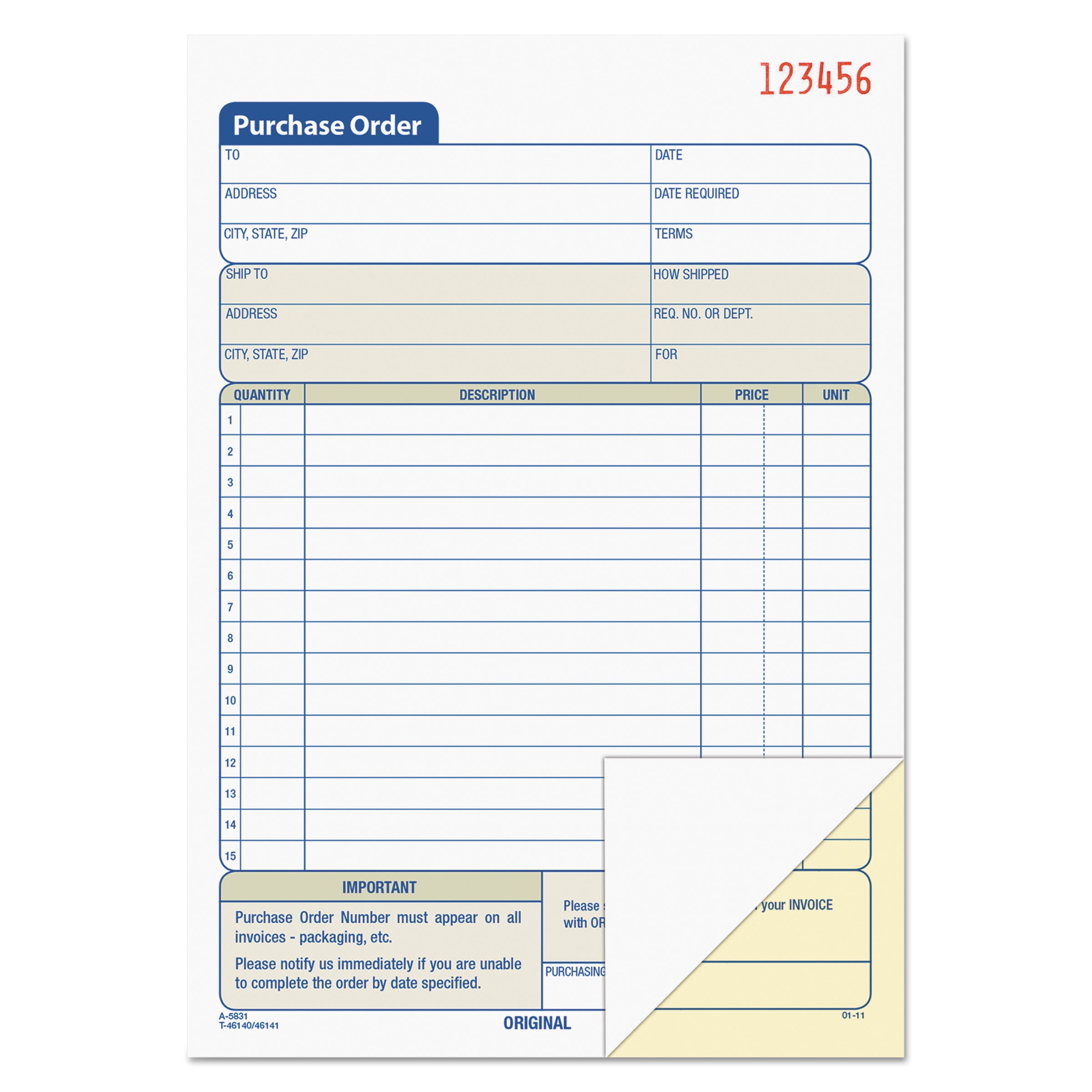 Purchase Order Book, 12 Lines, Two-Part Carbonless, 5.56 x 8.44, 50 Forms Total - 