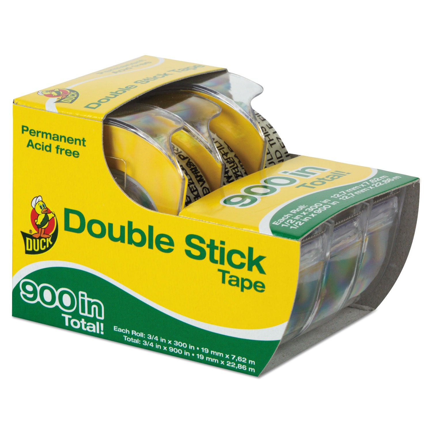 Permanent Double-Stick Tape with Dispenser, 1" Core, 0.5" x 25 ft, Clear, 3/Pack - 