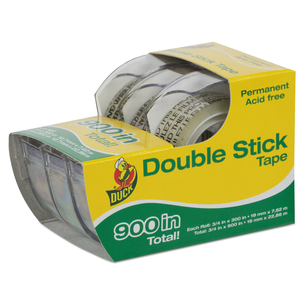 Permanent Double-Stick Tape with Dispenser, 1" Core, 0.5" x 25 ft, Clear, 3/Pack - 