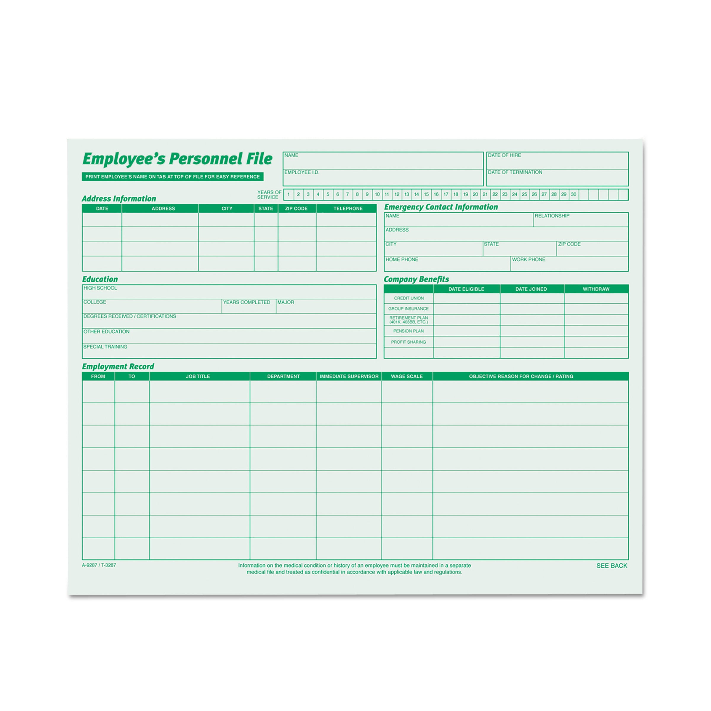 Employee's Record File Folder, Straight Tabs, Letter Size, Index Stock, Green, 20/Pack - 