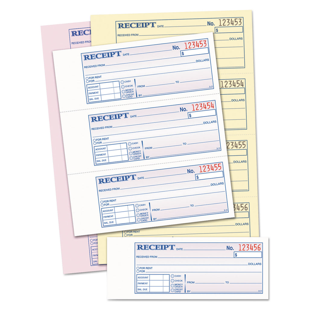 Money and Rent Receipt Book, Account + Payment Sections, Three-Part Carbonless, 7.13 x 2.75, 4 Forms/Sheet, 100 Forms Total - 