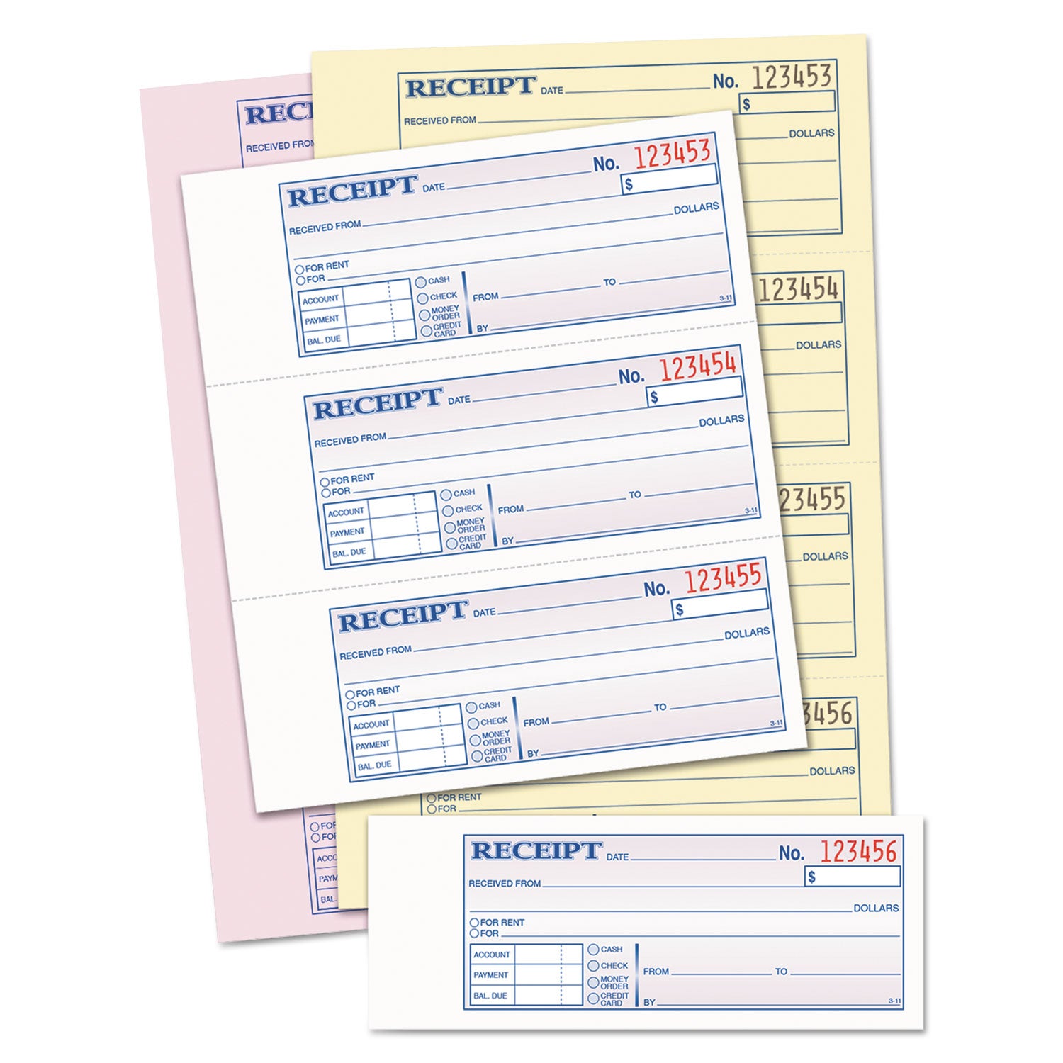 Money and Rent Receipt Book, Account + Payment Sections, Three-Part Carbonless, 7.13 x 2.75, 4 Forms/Sheet, 100 Forms Total - 