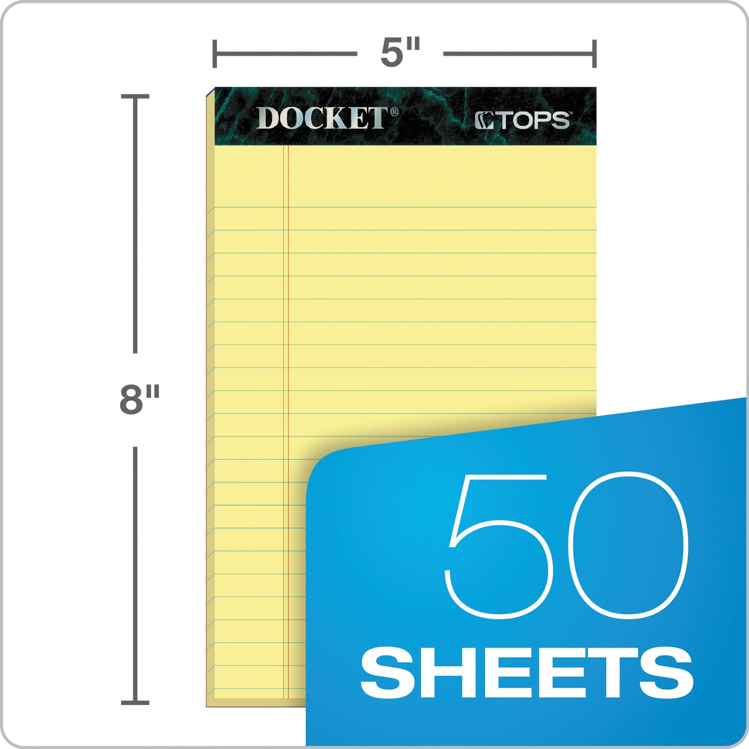 Docket Ruled Perforated Pads, Narrow Rule, 50 Canary-Yellow 5 x 8 Sheets, 12/Pack - 