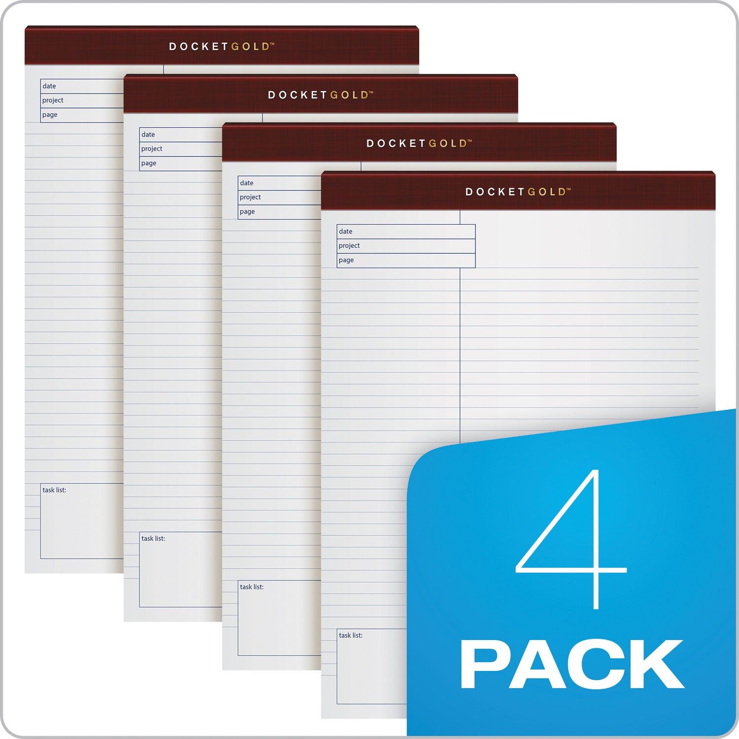 Docket Gold Planning Pads, Project-Management Format, Quadrille Rule (4 sq/in), 40 White 8.5 x 11.75 Sheets, 4/Pack - 