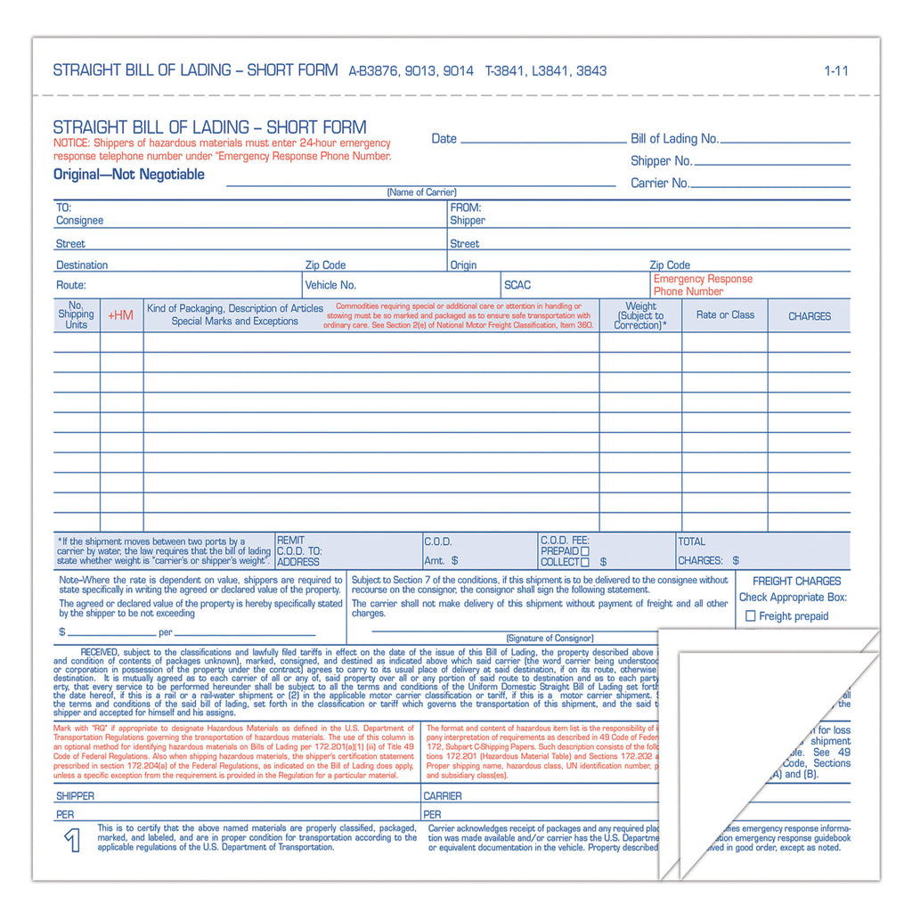 Hazardous Material Short Form, Three-Part Carbonless, 7 x 8.5, 250 Forms Total - 