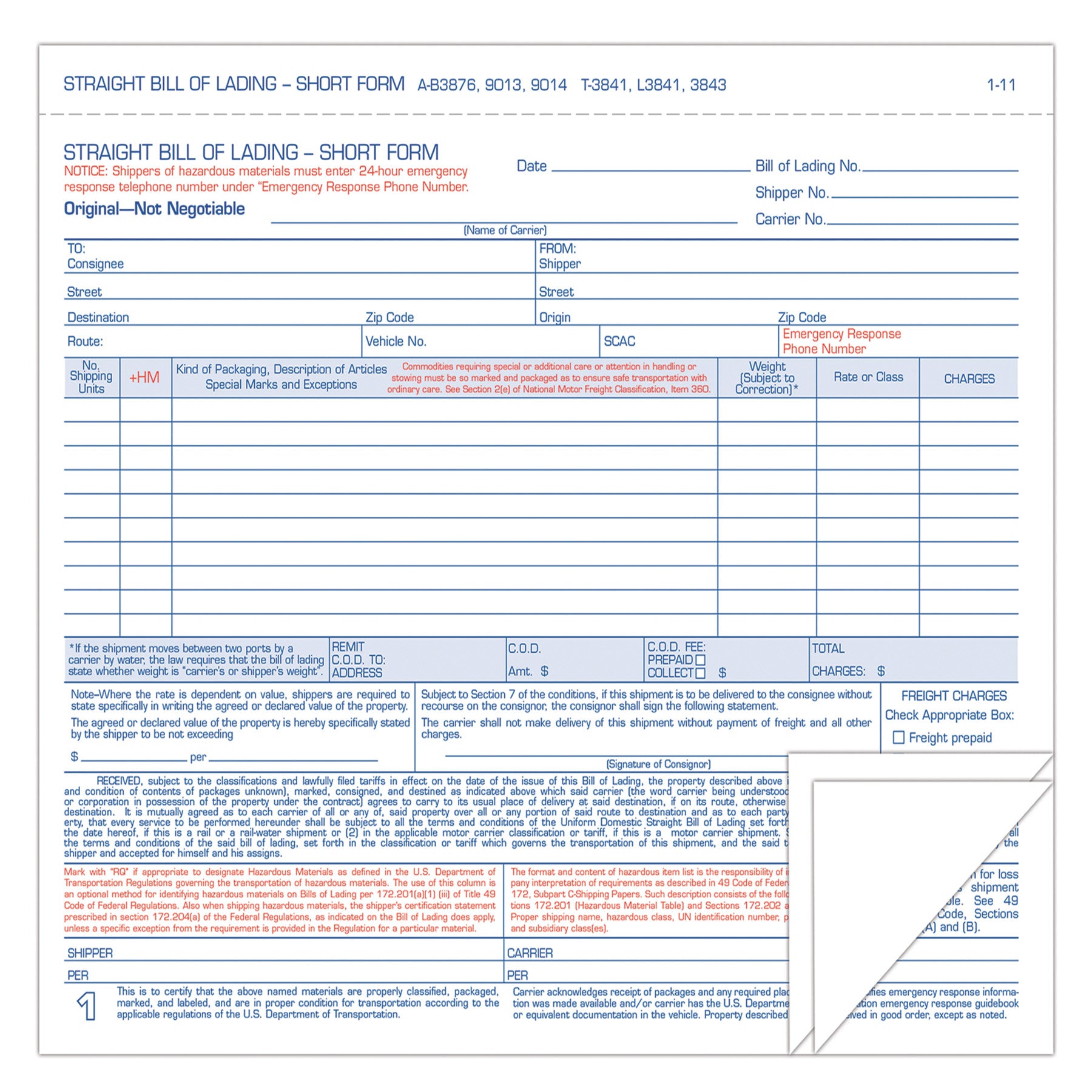 Hazardous Material Short Form, Three-Part Carbonless, 7 x 8.5, 250 Forms Total - 