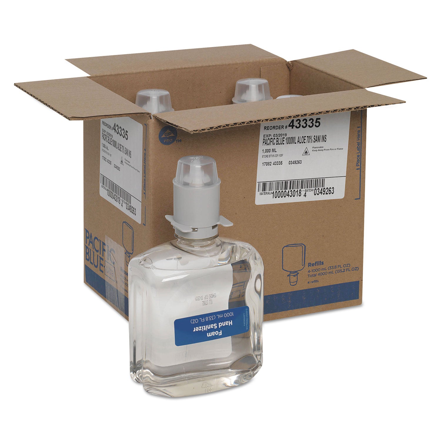Pacific Blue Ultra Foam Hand Sanitizer Refill For Manual Dispensers, 1,000 mL, Fragrance-Free, 4/Carton