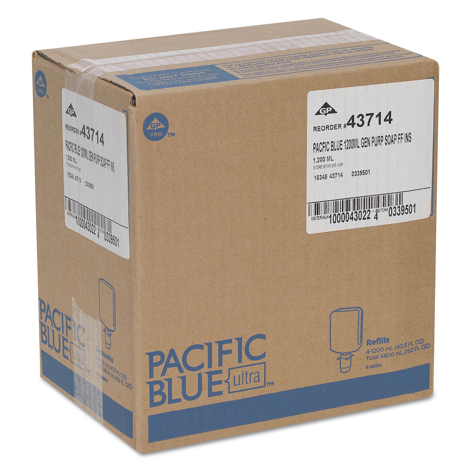 Pacific Blue Ultra Foam Soap Manual Dispenser Refill, Fragrance-Free, 1,200 mL, 4/Carton