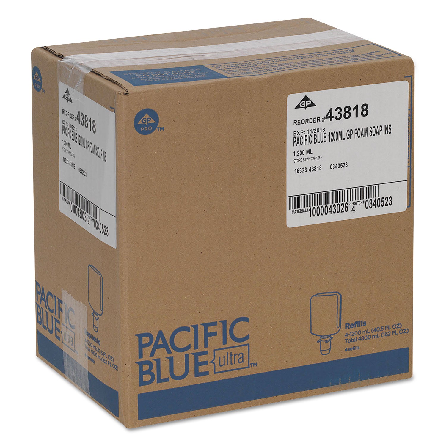 Pacific Blue Ultra Foam Soap Manual Dispenser Refill, Antimicrobial, Unscented, 1,200 mL, 4/Carton