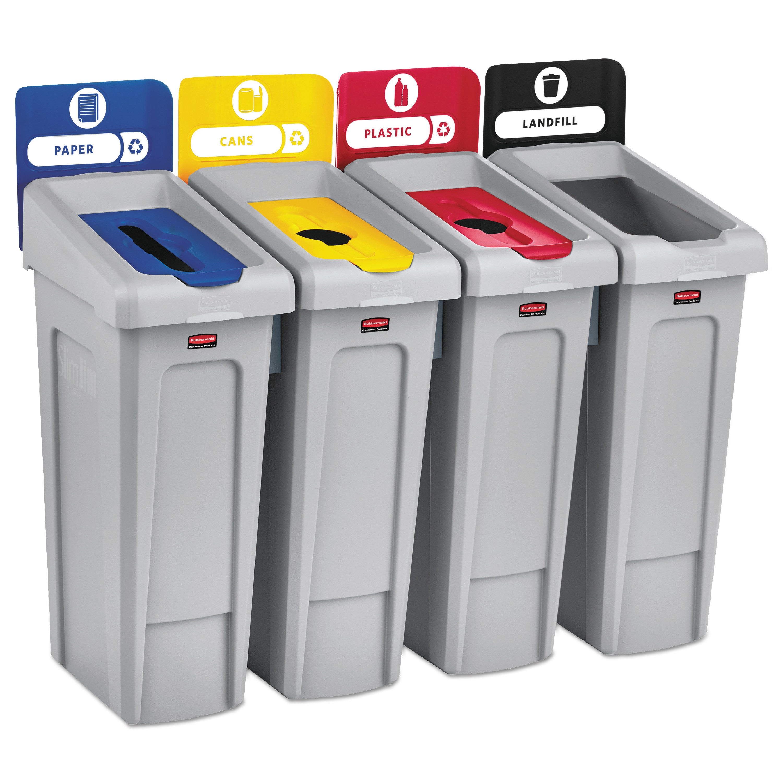 slim-jim-recycling-station-kit-4-stream-landfill-paper-plastic-cans-92-gal-plastic-blue-gray-red-yellow_rcp2007919 - 1