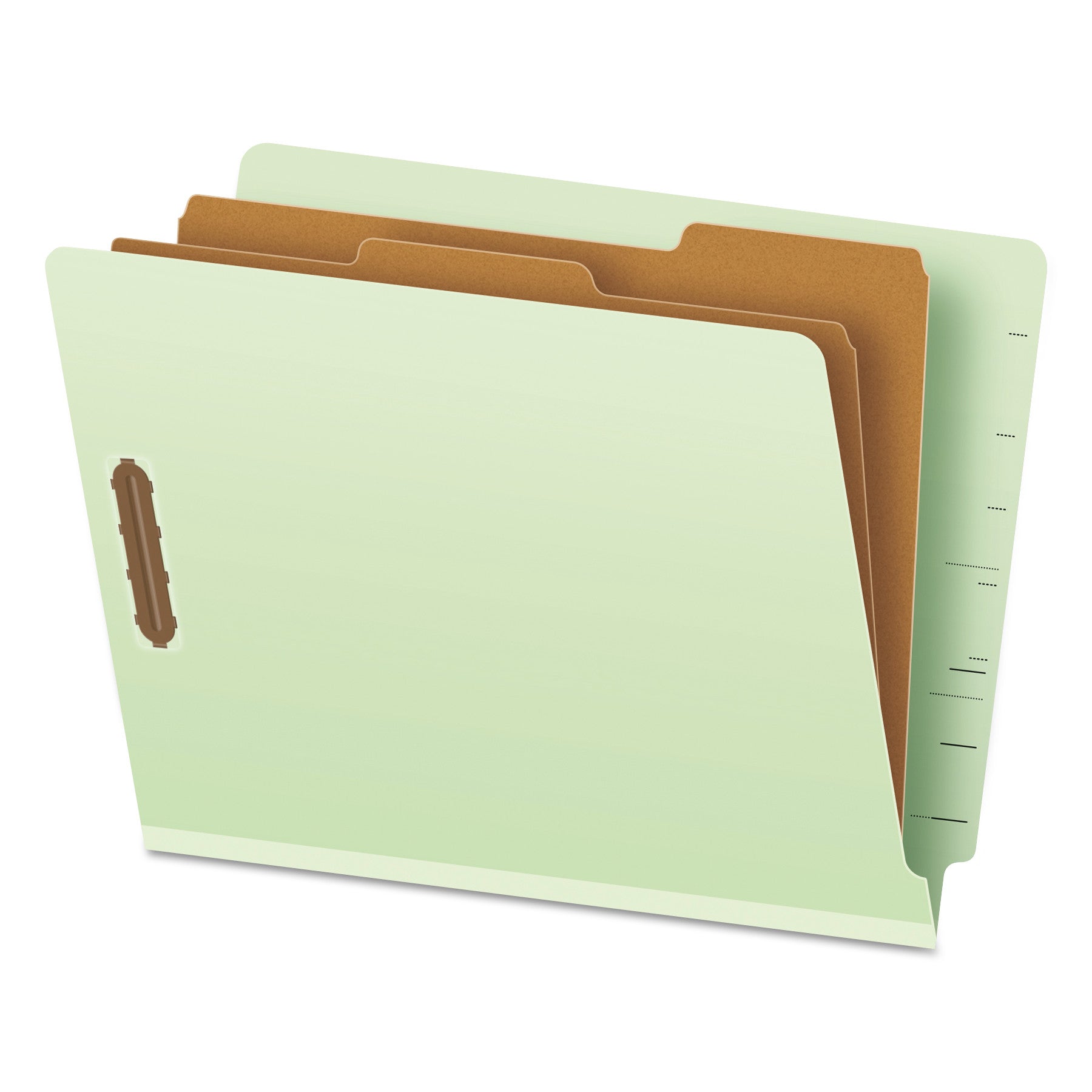 End Tab Classification Folders, 2.5" Expansion, 2 Dividers, 6 Fasteners, Letter Size, Pale Green Exterior, 10/Box - 