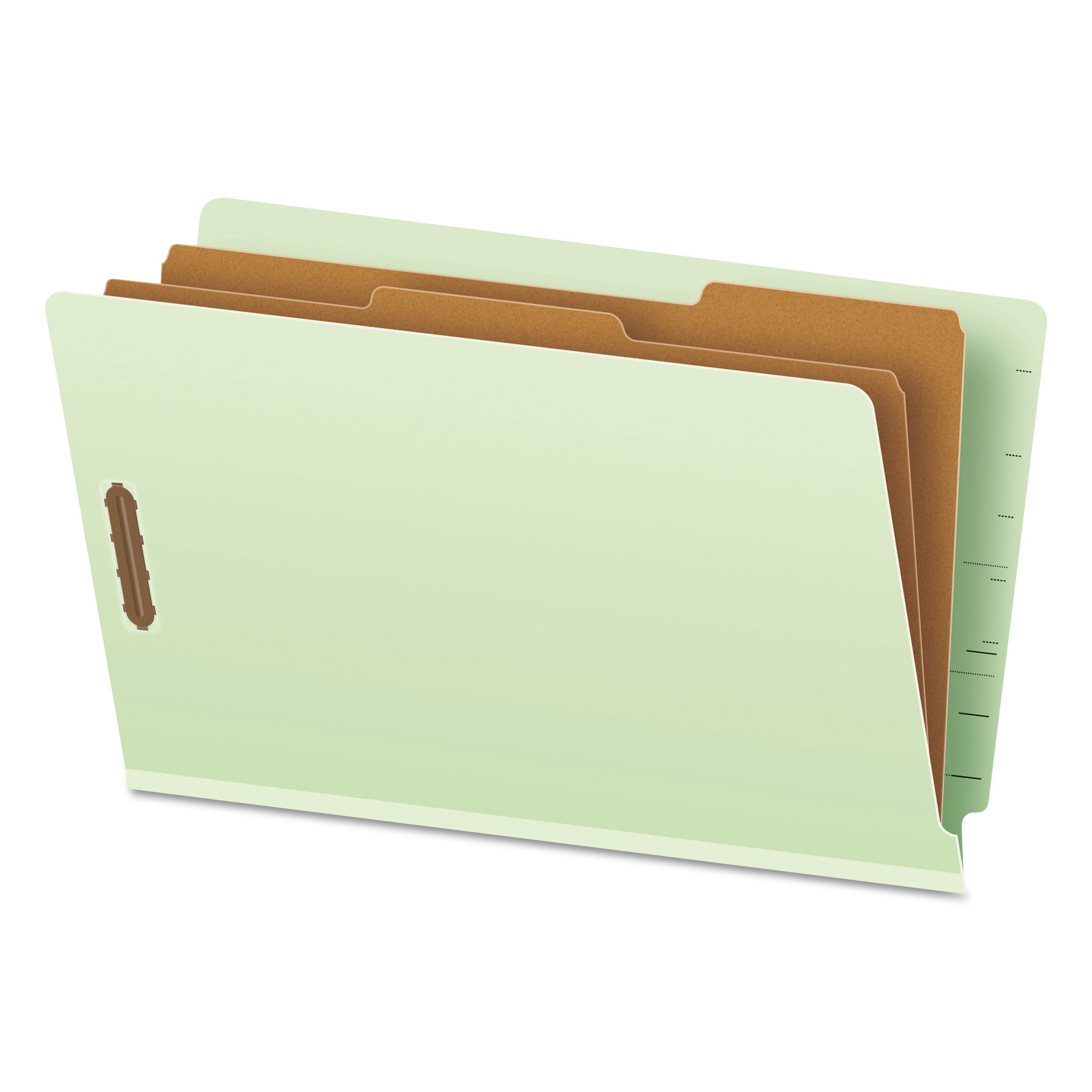 End Tab Classification Folders, 2" Expansion, 2 Dividers, 6 Fasteners, Legal Size, Pale Green Exterior, 10/Box - 