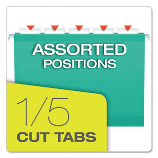 Colored Reinforced Hanging Folders, Letter Size, 1/5-Cut Tabs, Aqua, 25/Box - 