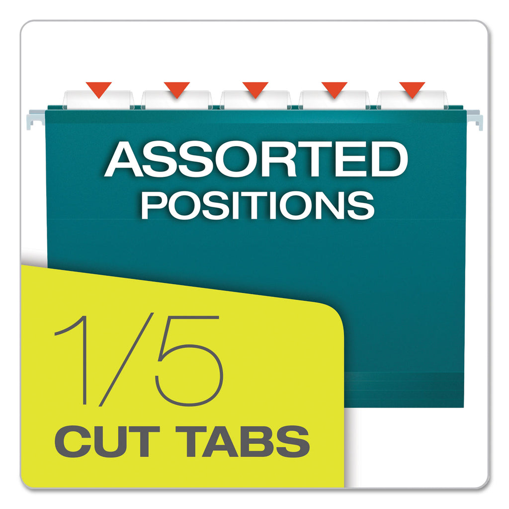 Colored Reinforced Hanging Folders, Letter Size, 1/5-Cut Tabs, Teal, 25/Box - 