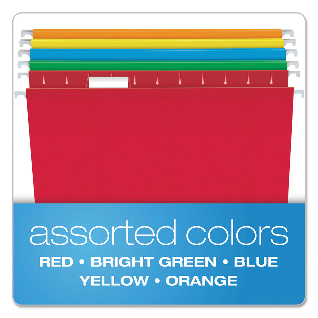 Colored Reinforced Hanging Folders, Legal Size, 1/5-Cut Tabs, Assorted Colors, 25/Box