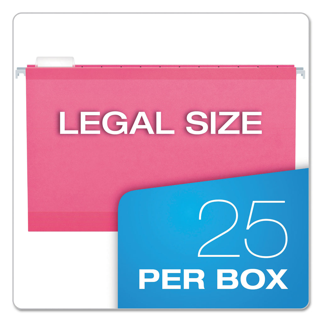 Colored Reinforced Hanging Folders, Legal Size, 1/5-Cut Tabs, Pink, 25/Box - 