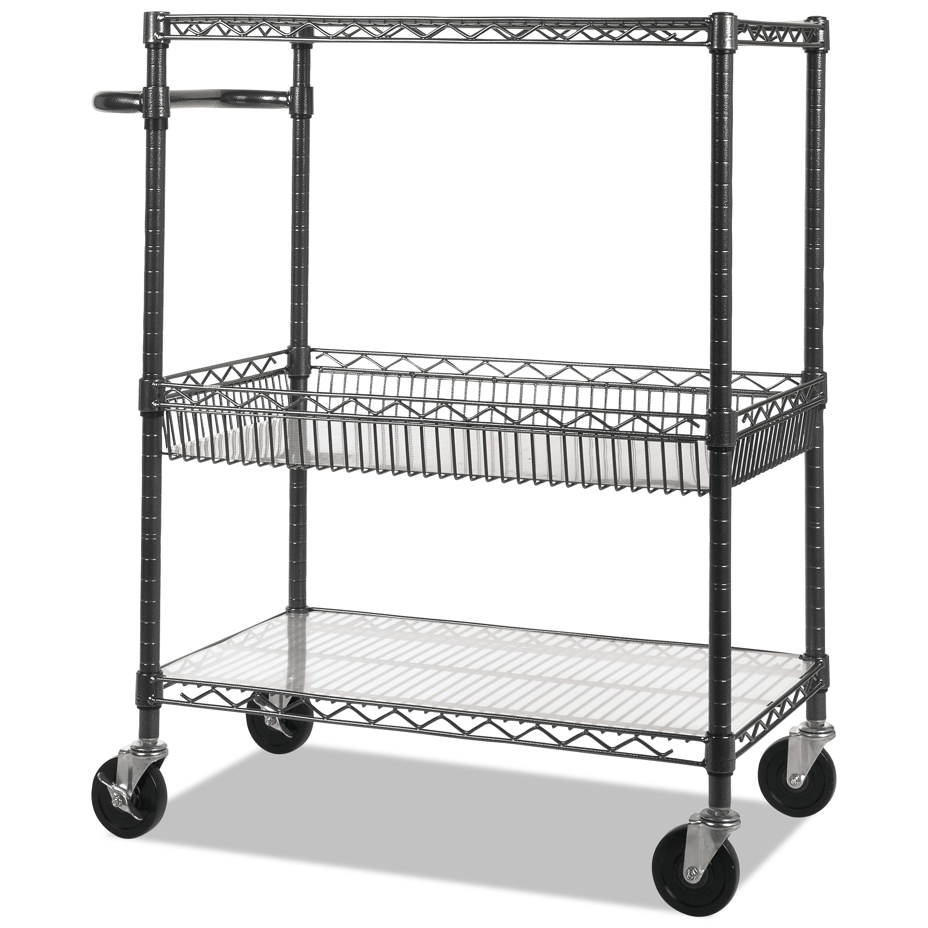 Three-Tier Wire Cart with Basket, Metal, 2 Shelves, 1 Bin, 500 lb Capacity, 34" x 18" x 40", Black Anthracite - 