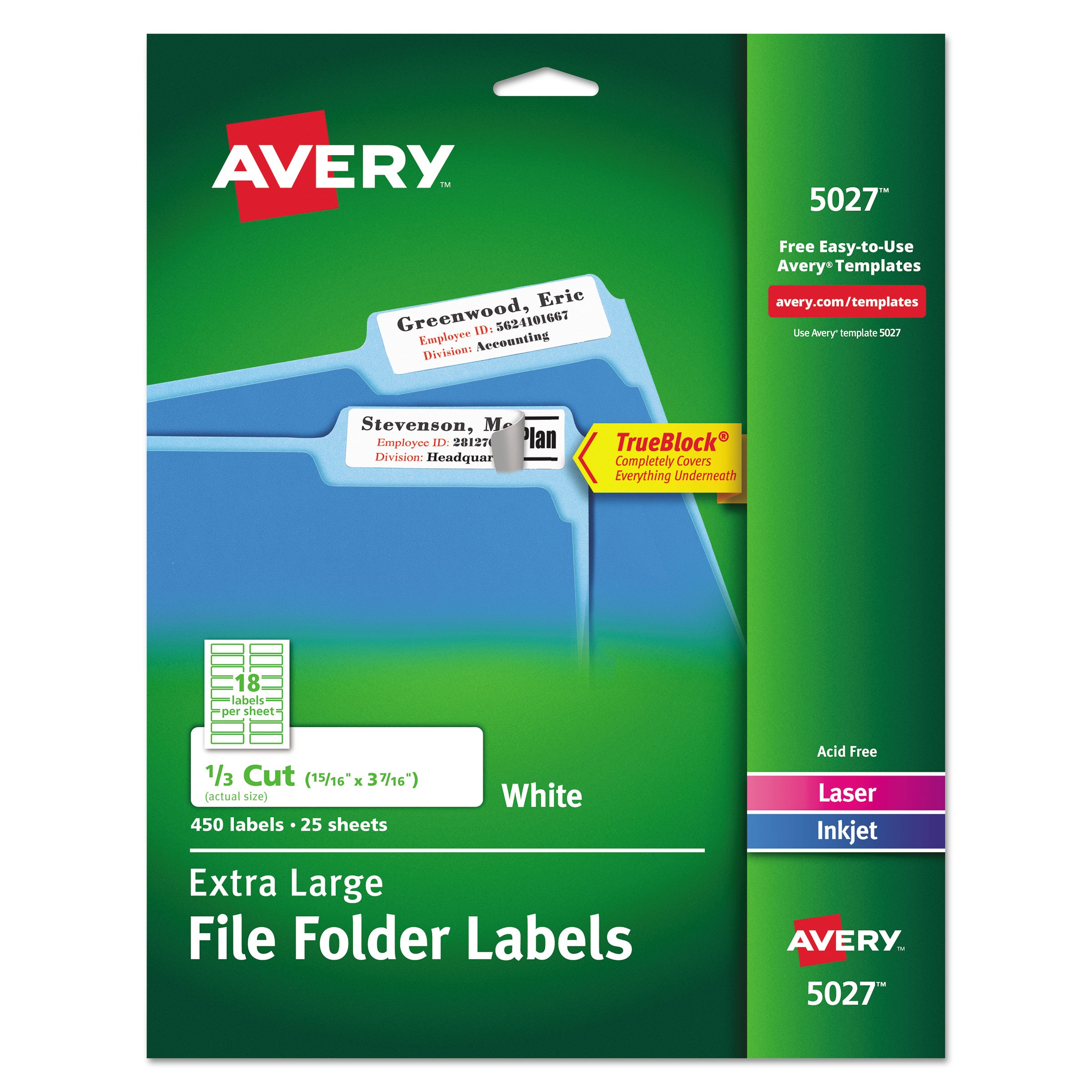 Extra-Large TrueBlock File Folder Labels with Sure Feed Technology, 0.94 x 3.44, White, 18/Sheet, 25 Sheets/Pack - 
