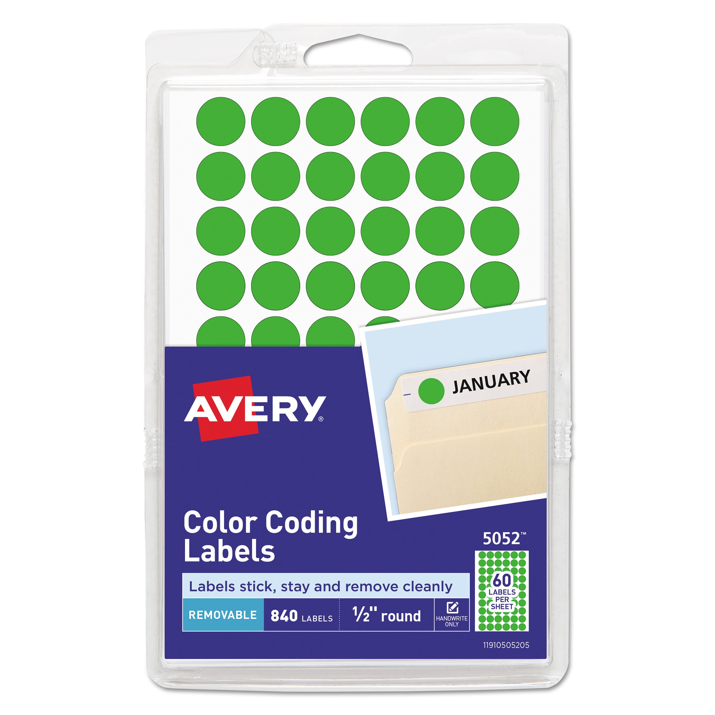 Handwrite Only Self-Adhesive Removable Round Color-Coding Labels, 0.5" dia, Neon Green, 60/Sheet, 14 Sheets/Pack, (5052) - 