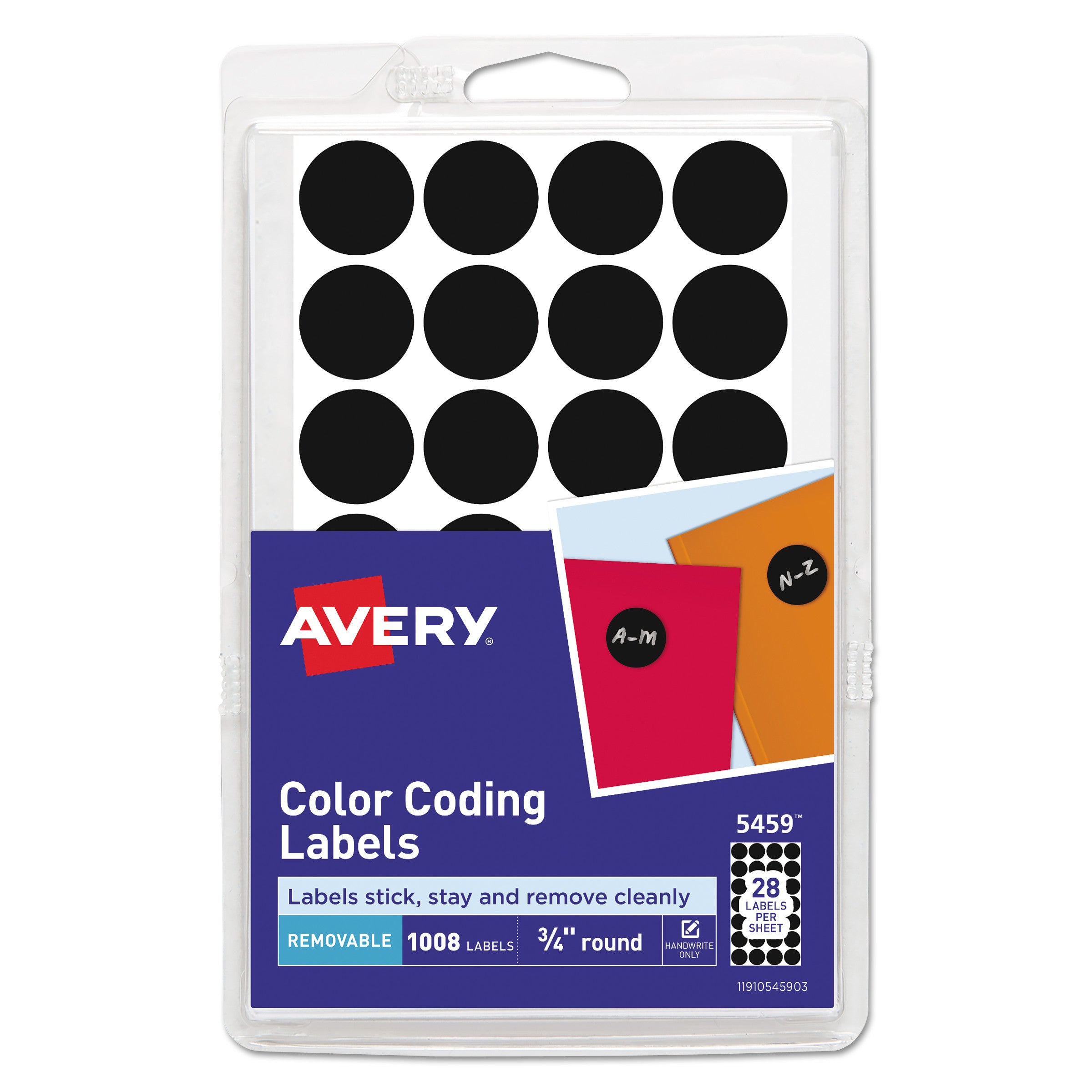 Handwrite Only Self-Adhesive Removable Round Color-Coding Labels, 0.75" dia, Black, 28/Sheet, 36 Sheets/Pack, (5459) - 