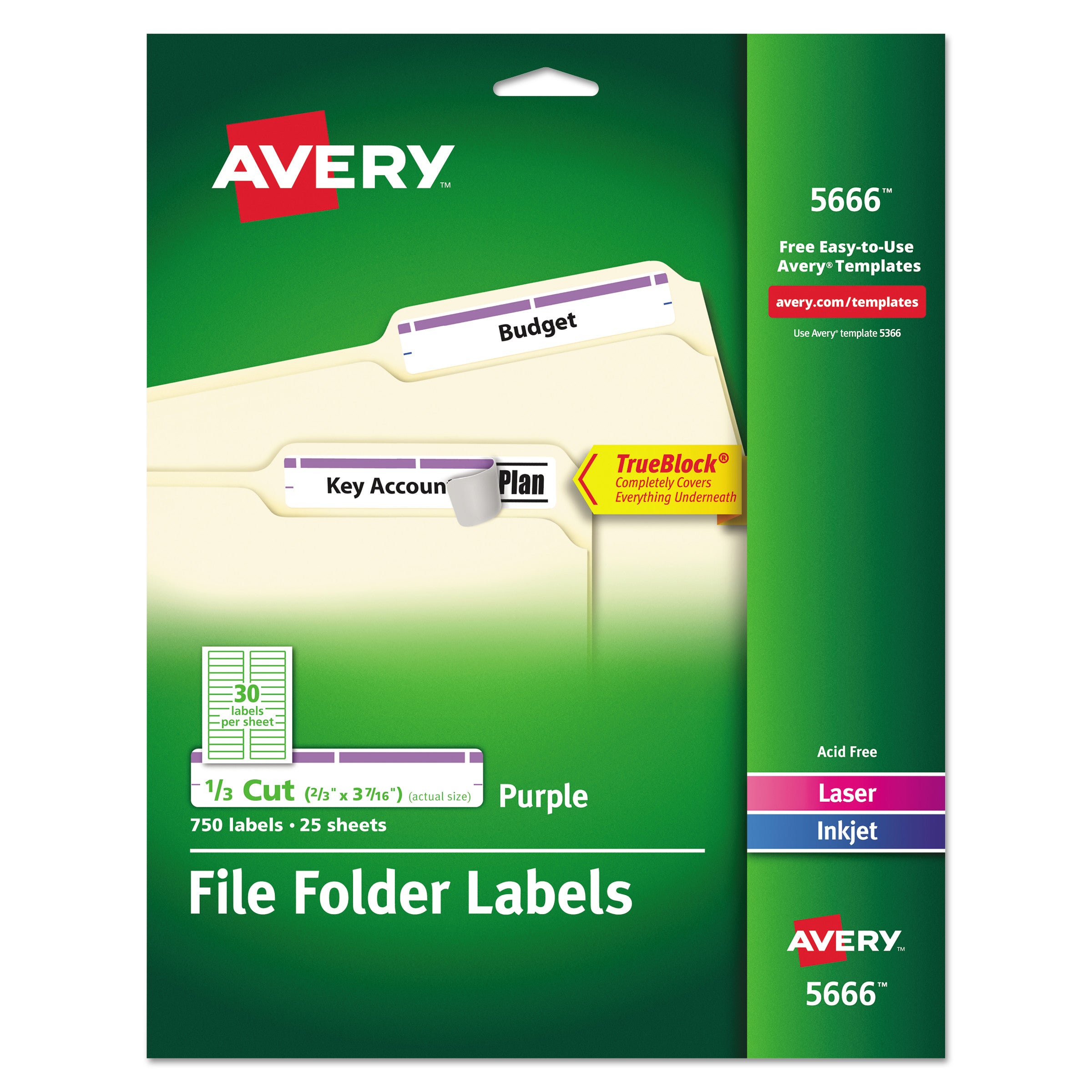 Permanent TrueBlock File Folder Labels with Sure Feed Technology, 0.66 x 3.44, White, 30/Sheet, 25 Sheets/Pack - 