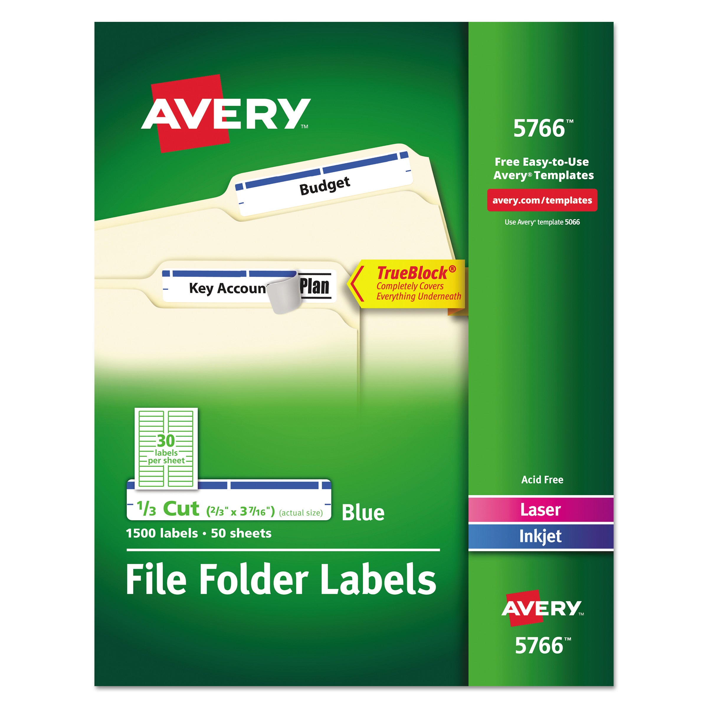 Permanent TrueBlock File Folder Labels with Sure Feed Technology, 0.66 x 3.44, Blue/White, 30/Sheet, 50 Sheets/Box - 