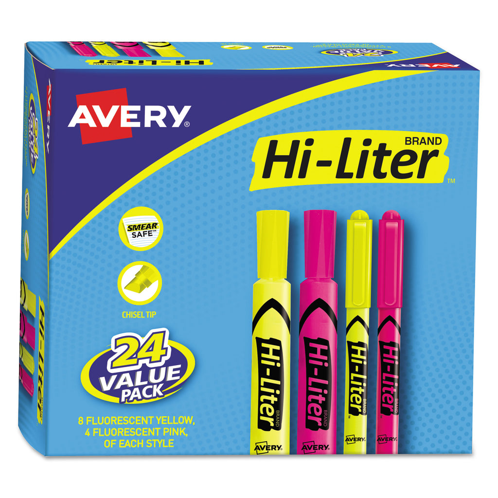 HI-LITER Highlighter Value Pack, Desk/Pen Style Combo, Assorted Ink Colors, Chisel/Bullet Tips, Assorted Barrel Colors, 24/PK - 