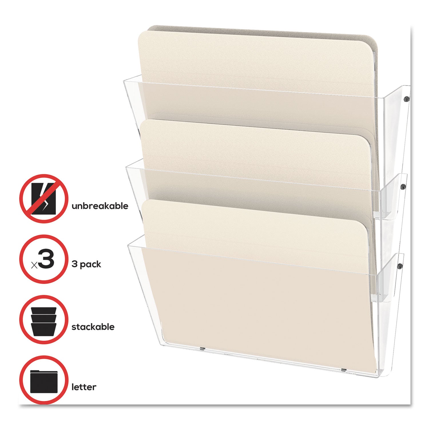 Unbreakable DocuPocket Wall File, 3 Sections, Letter Size, 14.5" x 3" x 6.5", Clear, 3/Pack - 
